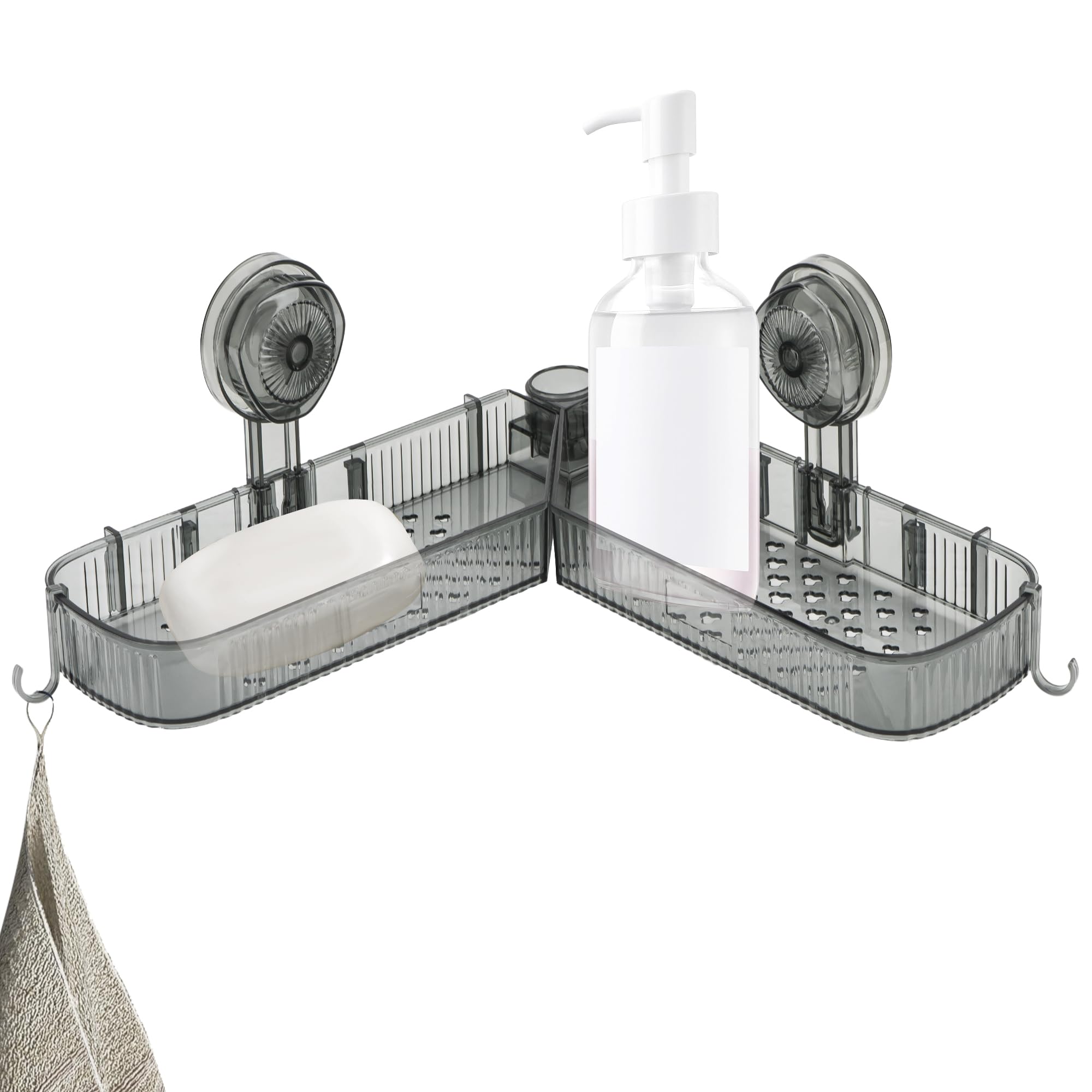 DODAMOUR Rotating Shower Corner Shelf Suction Cup Bathroom Caddy with Hooks 180 Foldable Wall Mounted Organizer for Shampoo