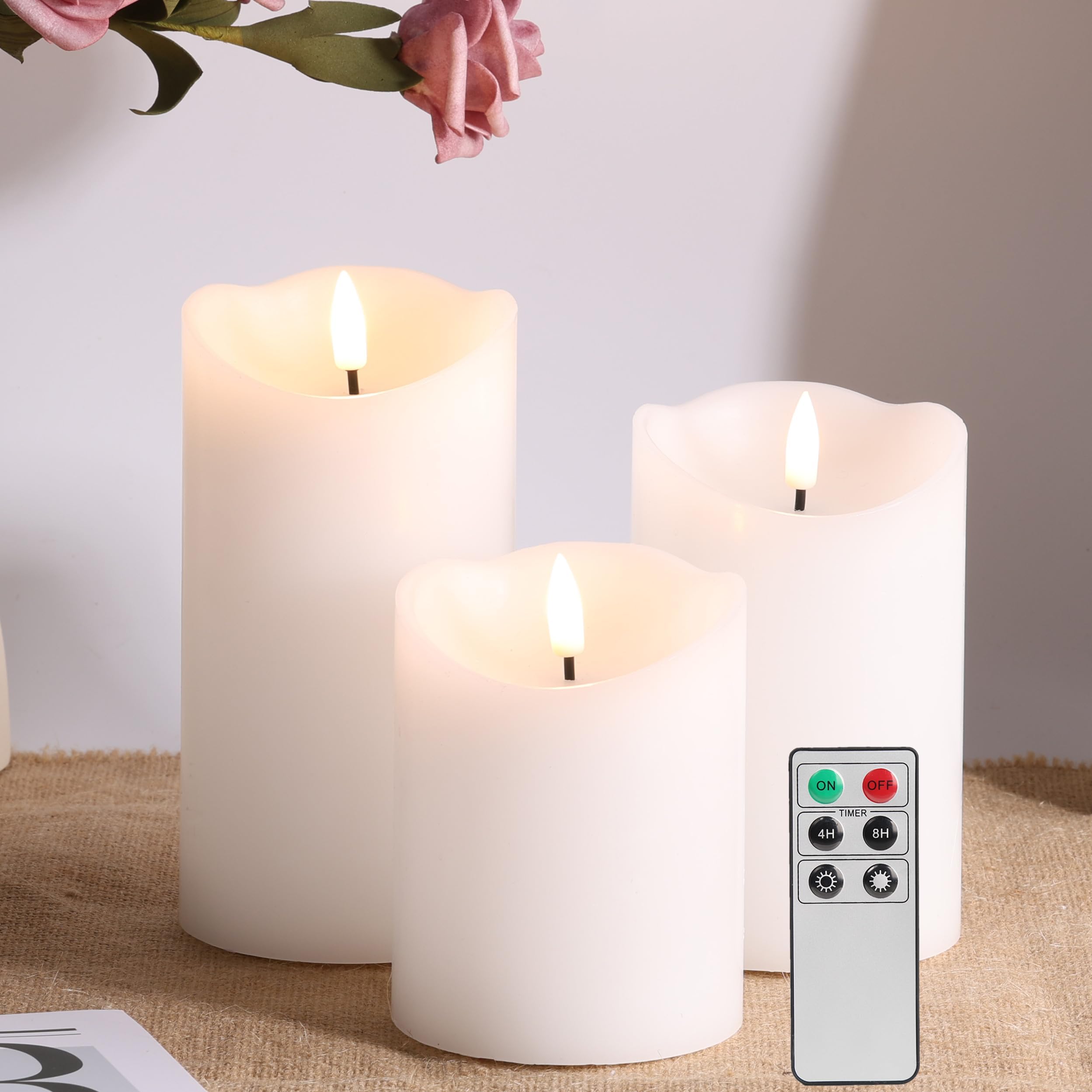 Eywamage White Flameless Pillar Candles with Remote, Flickering Realistic LED Wax Candles Battery Operated Christmas Decor, D 3" H 4" 5" 6"