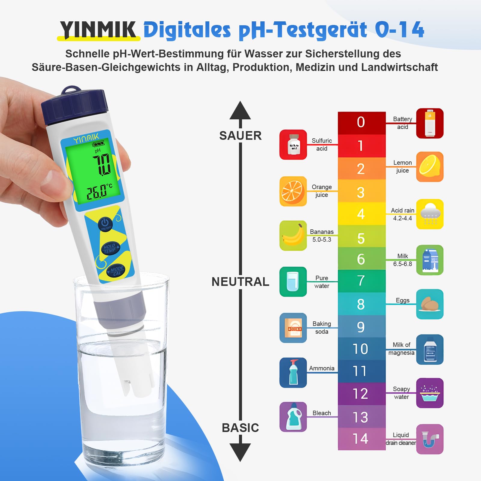 YINMIK pH Messgerät für Wasser, 5 in 1 Messgerät für pH Salz EC TDS Temperatur, pH Wert Messgerät, Salzgehalts Messer für Meerwasser Pool, Leitfähigkeit PPM Messer für Trinkwasser und Hydrokulturen