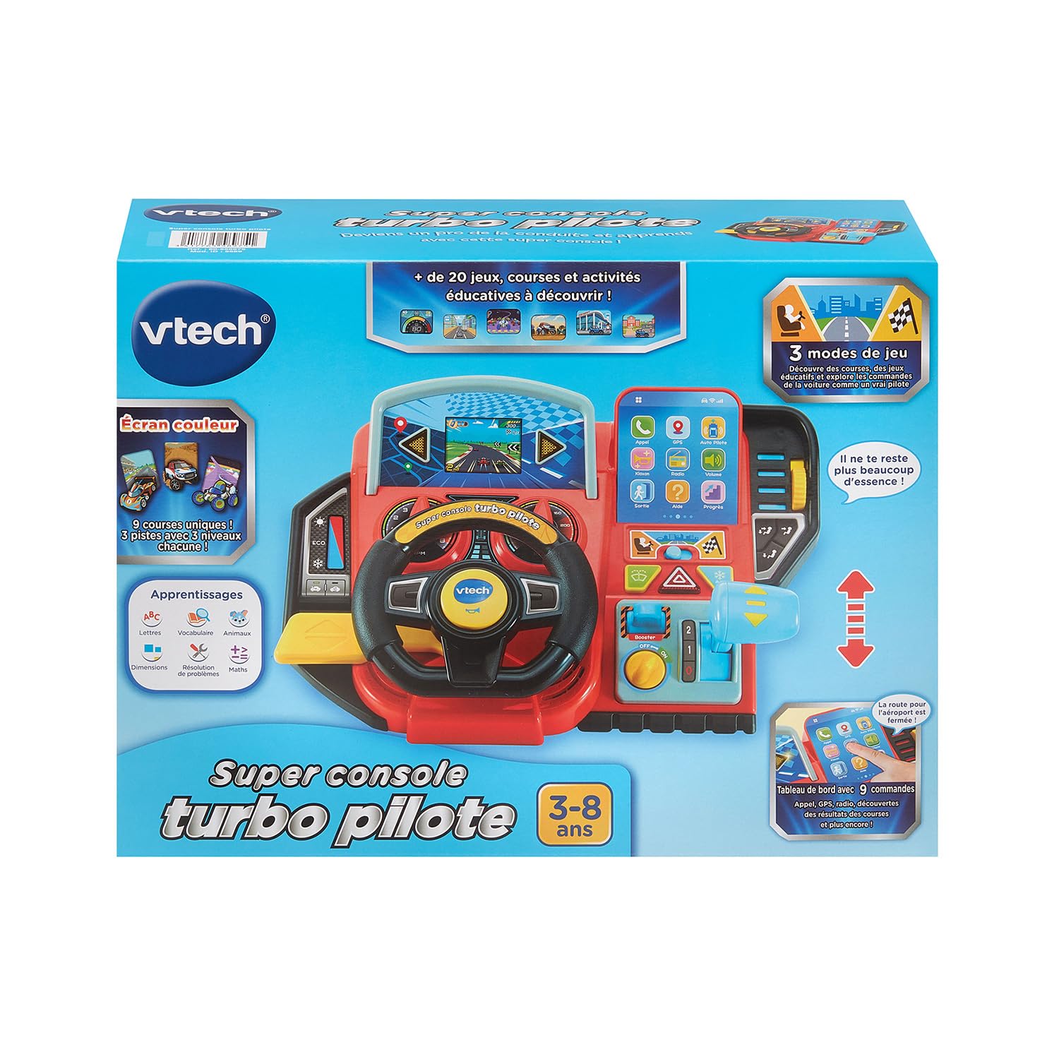 VTech - Super Console Turbo Pilote, Simulateur de Conduite avec Écran Couleur et Tableau de Bord, Courses de Voitures, Apprentissages et Jeux, Cadeau Enfant de 3 Ans à 8 Ans - Contenu en Français