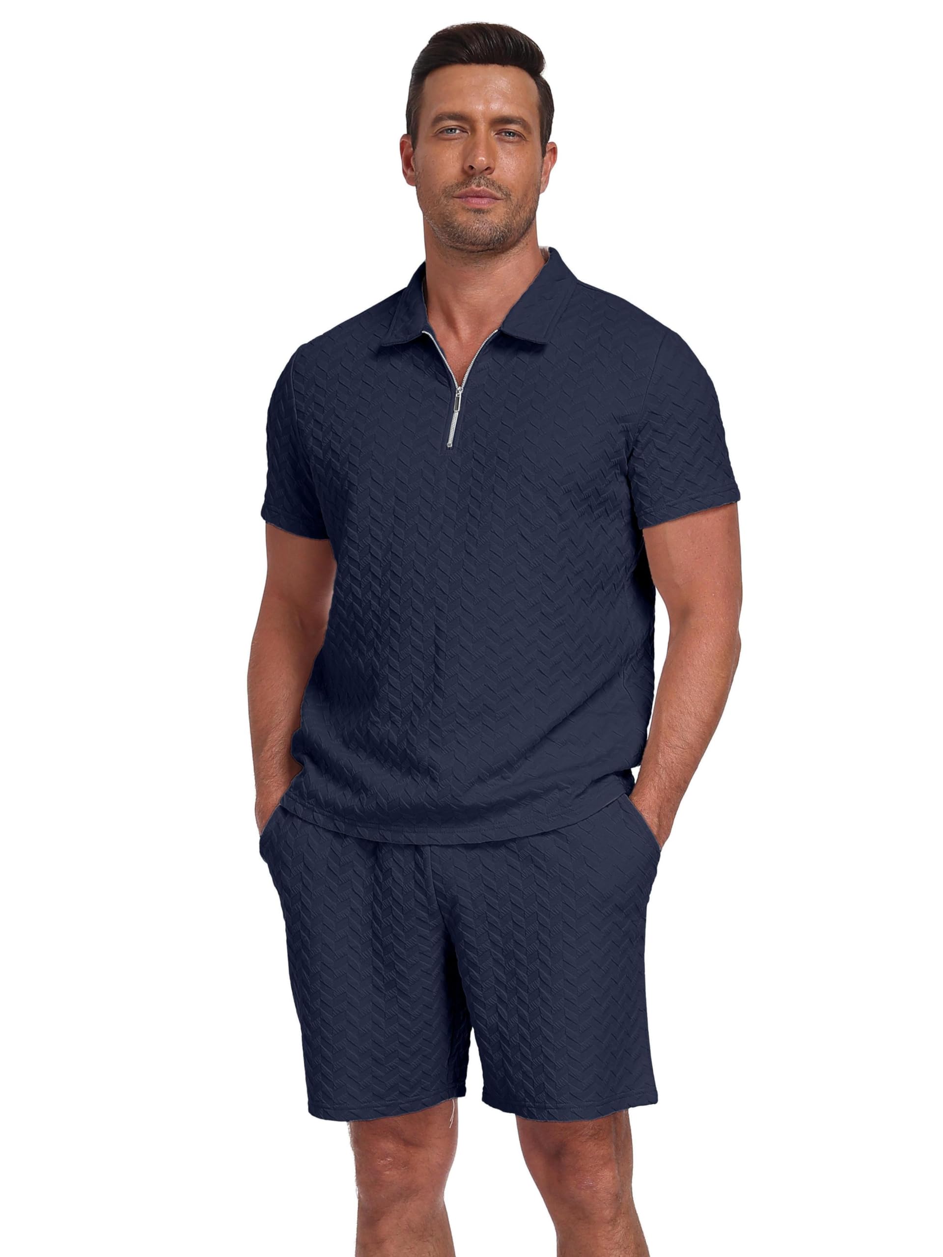 QIXING Herren Sommer Set 2 Teilig Kurzarm Poloshirt mit 1/4 Reißverschluss und Shorts, Herren Freizeitanzug Sommer Outfit, Kurzarm Shirt und Kurze Hose Set für Urlaub Strand Freizeit
