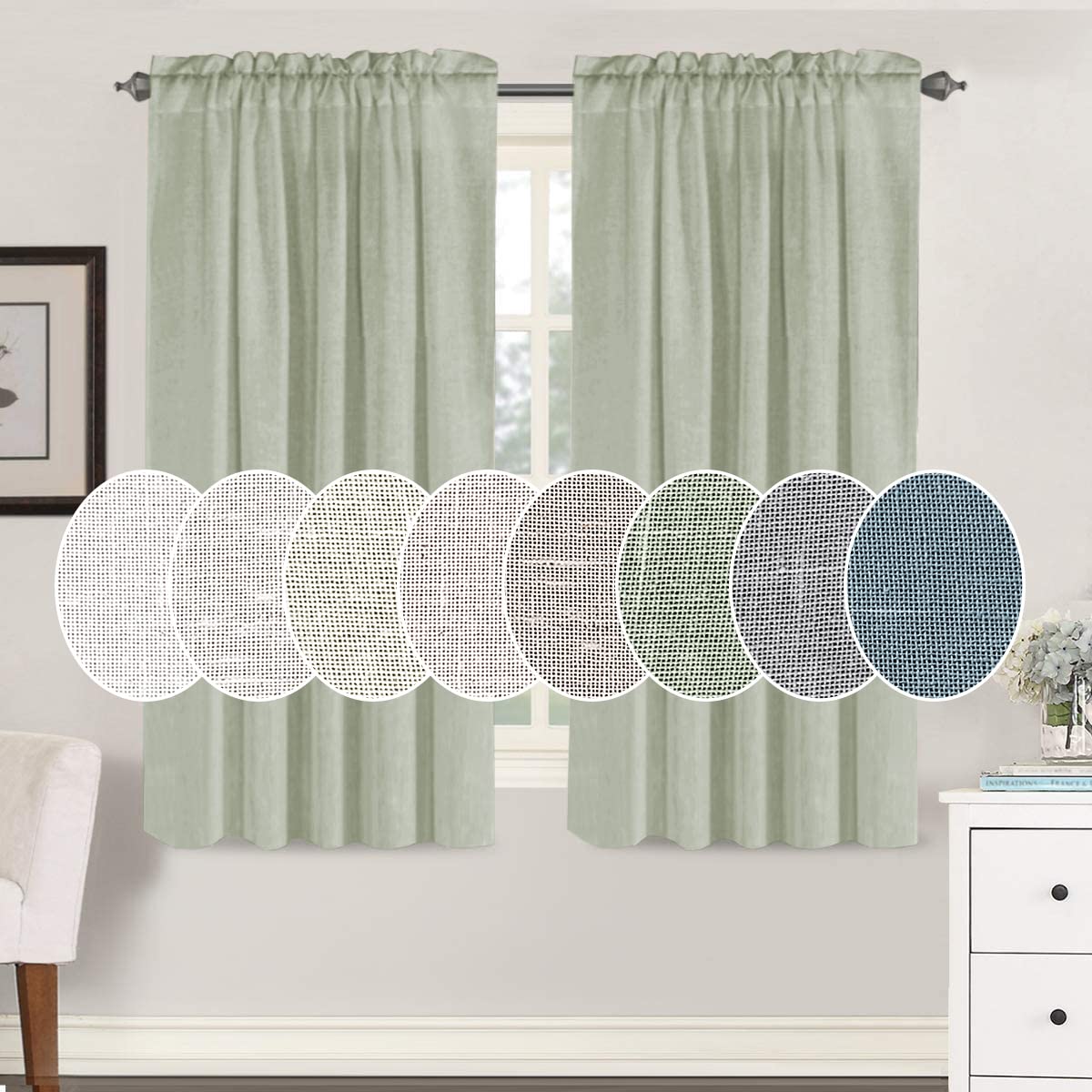 H.VERSAILTEX Sage Curtains 63 Inch Length for Boys Bedroom 2 Panel Rod Pocket Light Filtering Semi Translucent Cotton Textured Soft Linen Curtain for Living Room Dining Kitchen Farmhouse Kids Room
