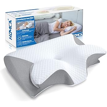 HOMCA 2-in-1 Ergonomic Neck Pillow Memory Foam Pillow for Back Side and Stomach Sleepers 60 x 40 x 12/14 cm Gray