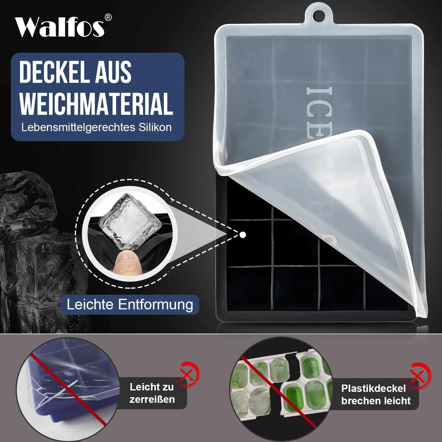 Walfos Stampi Per Cubetti Di Ghiaccio In Silicone - 4 Pezzi Con Coperchio - Impilabili, Senza BPA