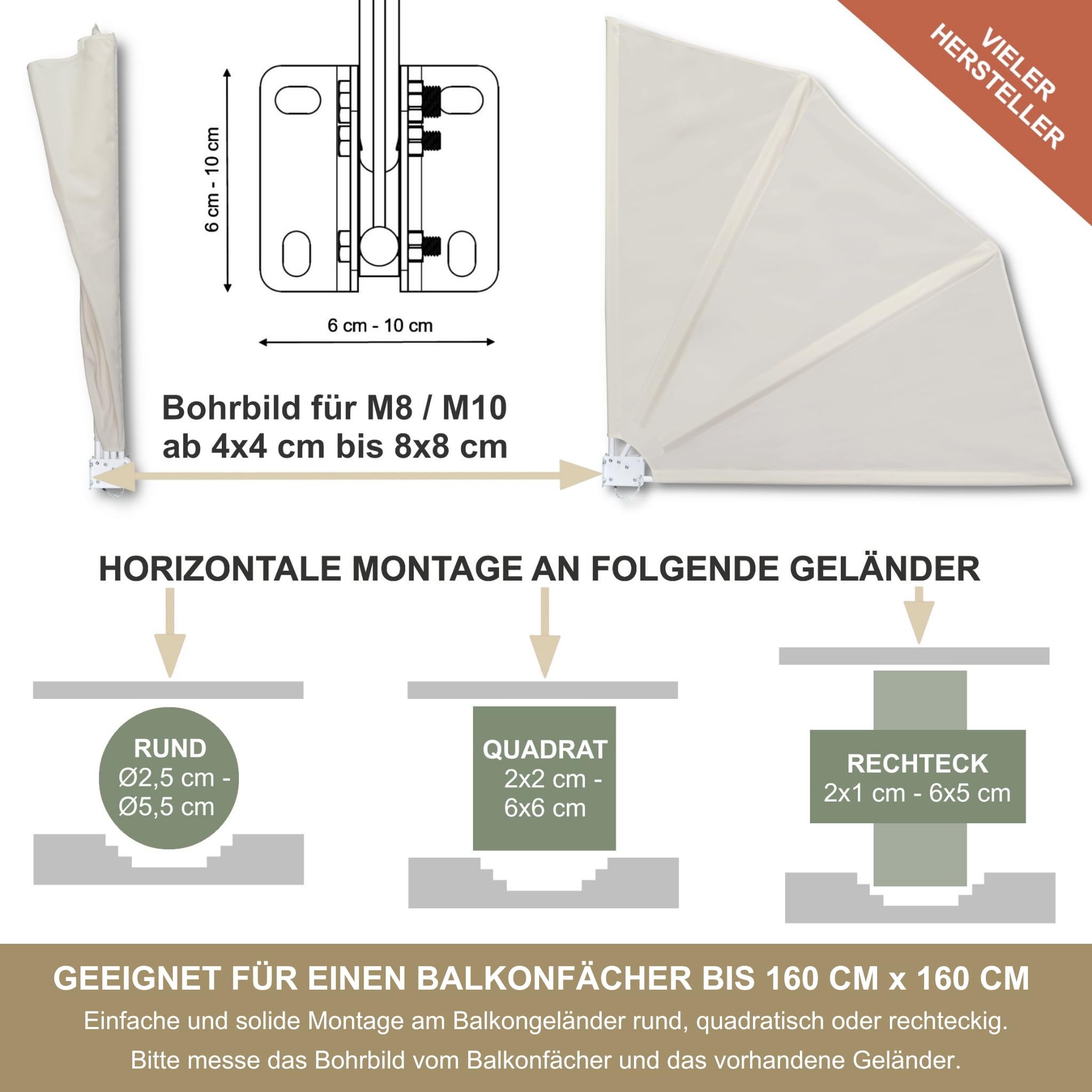 KDR Balkonfächerhalter aus Edelstahl – Halterung ohne Bohren für Balkonfächer & Seitenmarkisen bis 160×160 cm – Klemmhalter für runde & eckige Geländer – rostfrei, wetterfest, stabil