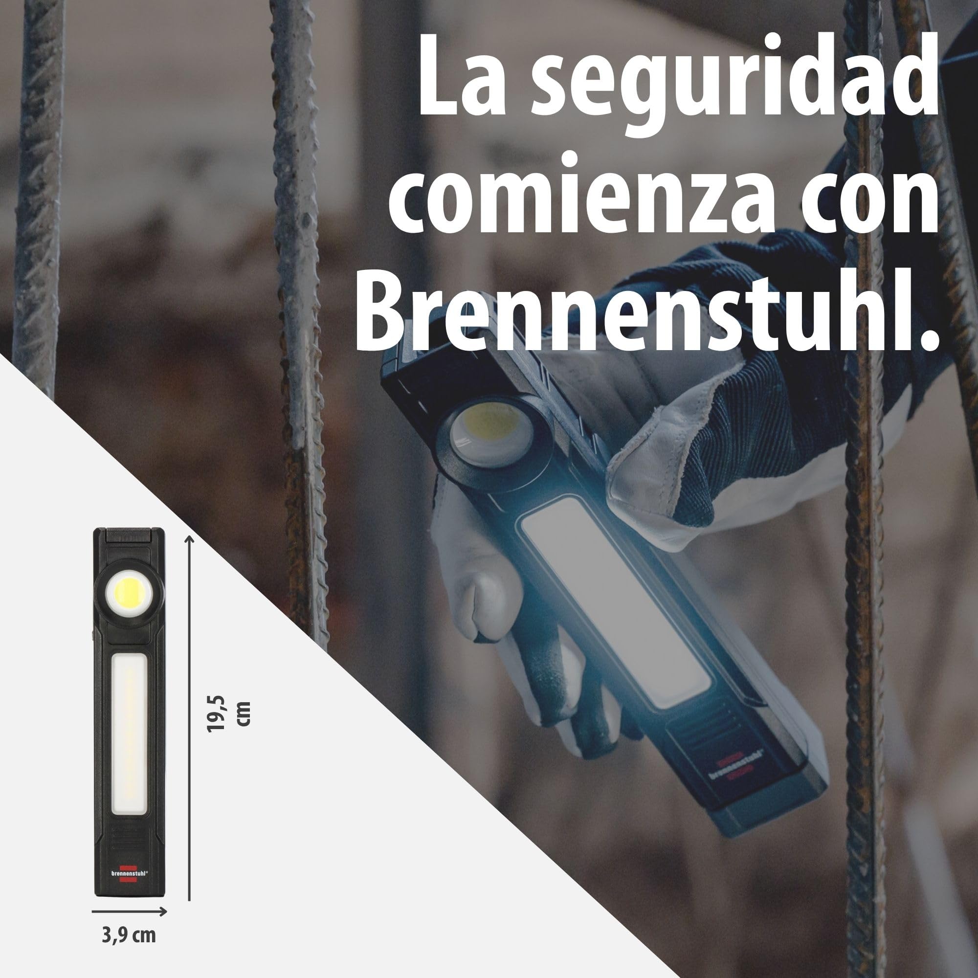 Brennenstuhl Linterna de taller LED recargable HL 900 A/Lámpara de trabajo con imán (3 fuentes de luz, 900lm, IP54, hasta 40h de duración, batería intercambiable, asa 130°, 6500K)