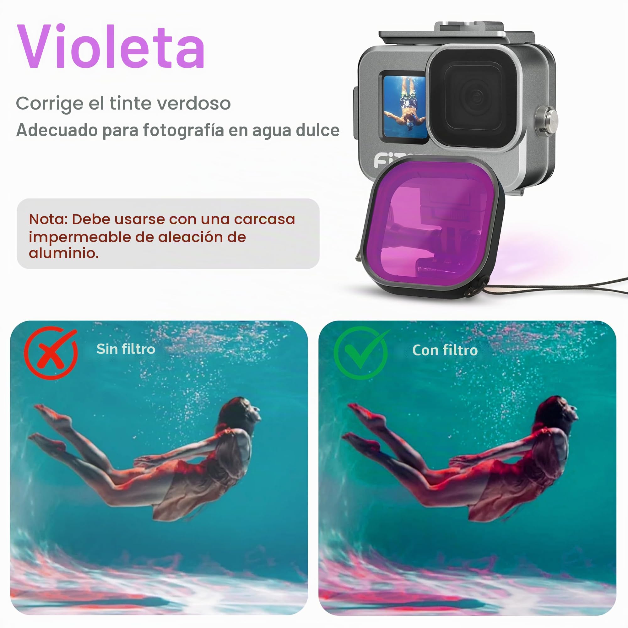 FitStill - Carcasa Impermeable para Go Pro Hero 13/12/11/10/9, aleación de Aluminio (80 m, Incluye 2 Soportes de Zuecos y Snorkel, filtros Magenta