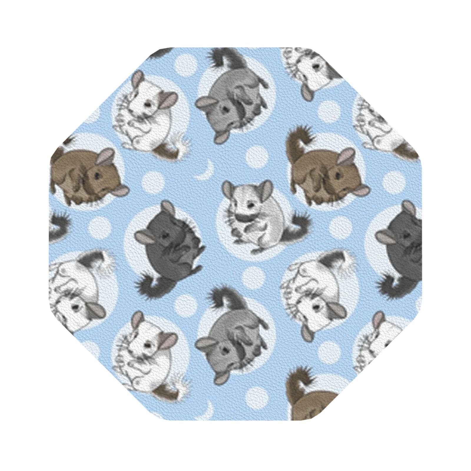 Blue Chinchillas And Moon PU Leather Coasters Set of 6 Octagon Drink Coasters