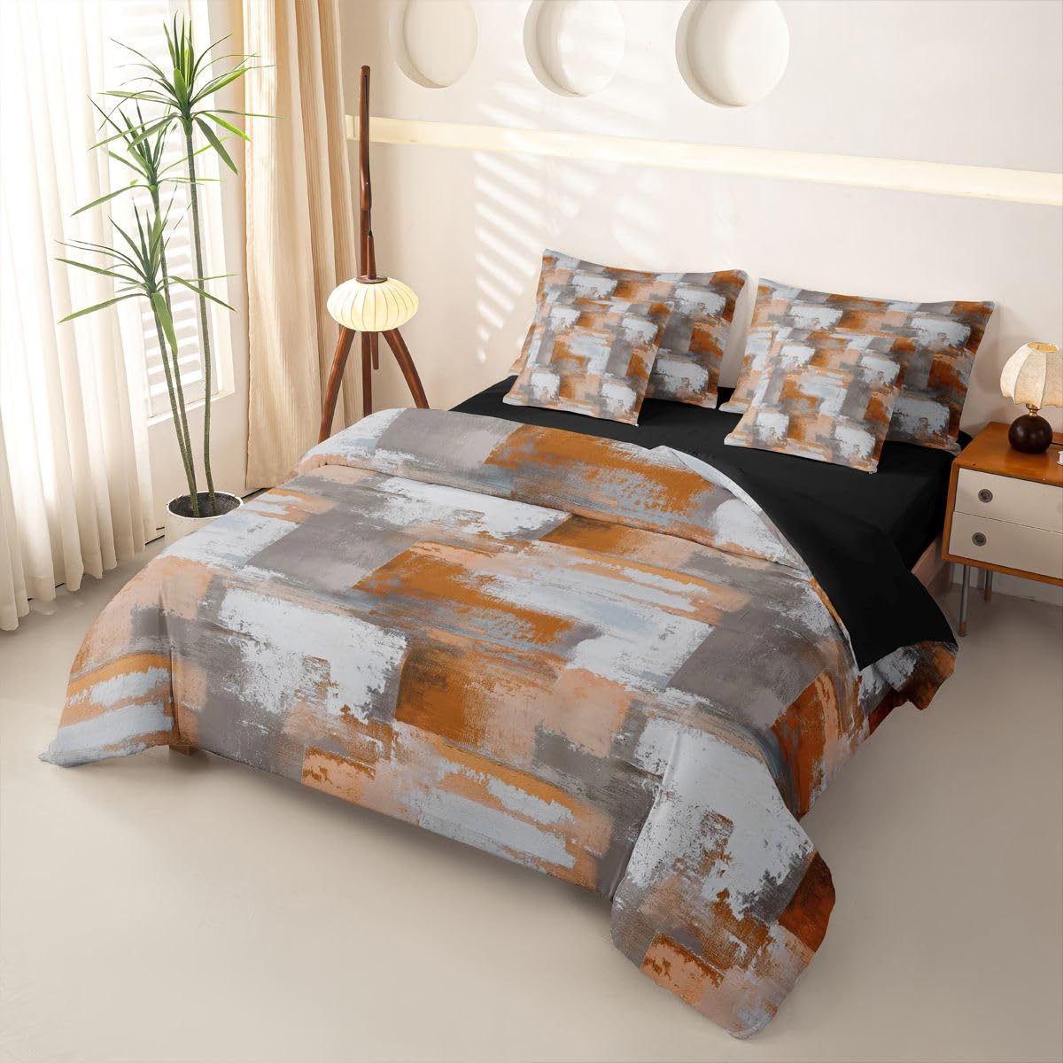 Loussiesd Set di biancheria da letto con copripiumino astratto con lenzuola, 7 pezzi, per letto singolo, motivo geometrico grigio arancione ombré, per bambini, ragazzi e ragazze, moderno, arte