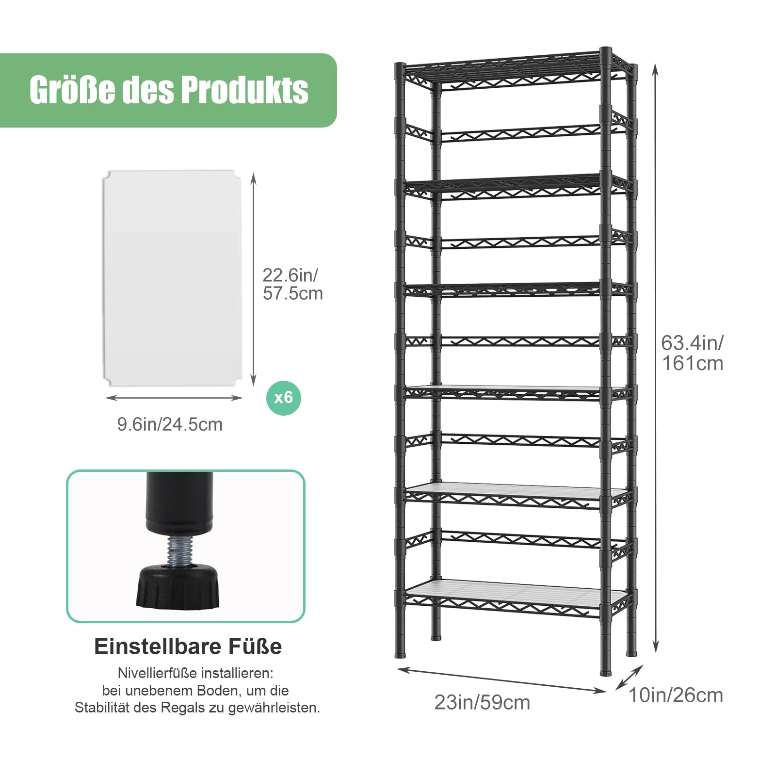 KZOBYD 6-stöckiges Metallregal, Lagerregal mit Höhenverstellbar Regalböden, Robustes Standregal Küchenregal, Regale für Küche, Bad & Büro, Schwarz