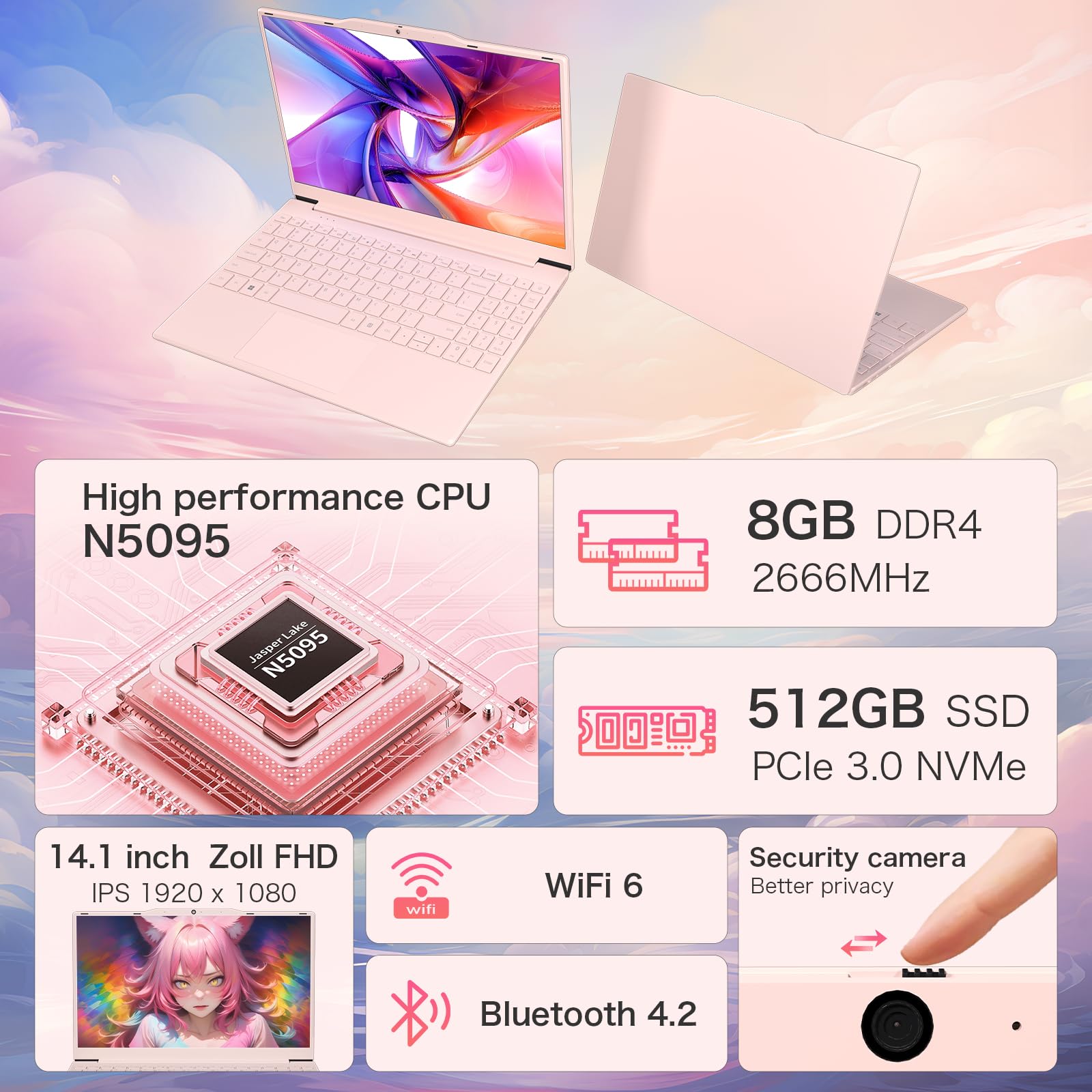 Auusda 14.1" Pink Laptop Computer with 2K Display, N5105, 32GB RAM, 1TB NVMe SSD, Type-C, HDMI, Backlit Keyboard Student Laptops Fingerprint, Win11 Pro Business Laptops 2 Years Warranty