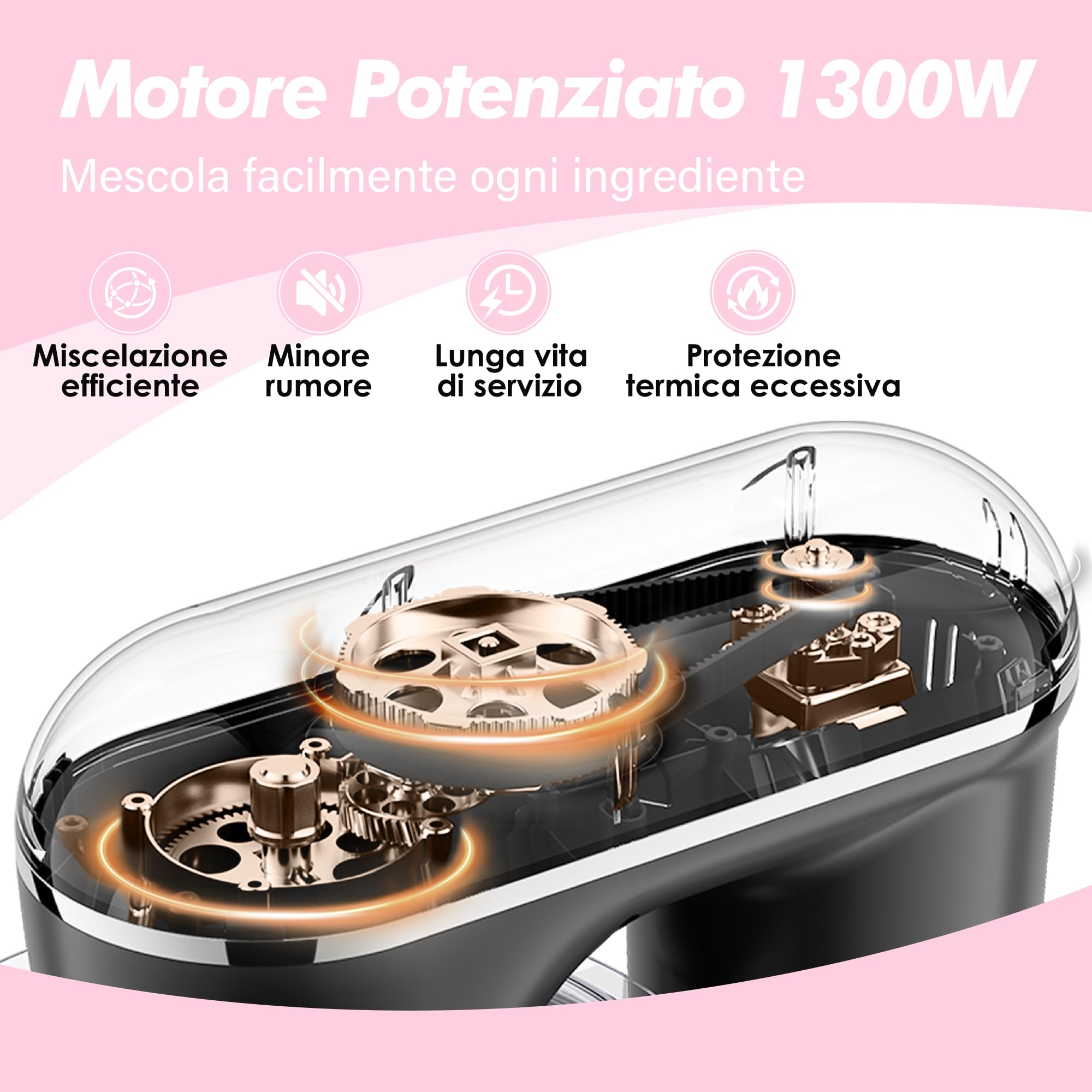 Kitchen in the box Impastatrice Planetaria, 6L Planetaria Professionale 1400W, 10 Velocità con Uncino Impastatore, Mescolatore e Frusta Sbattitrice (Rosa)