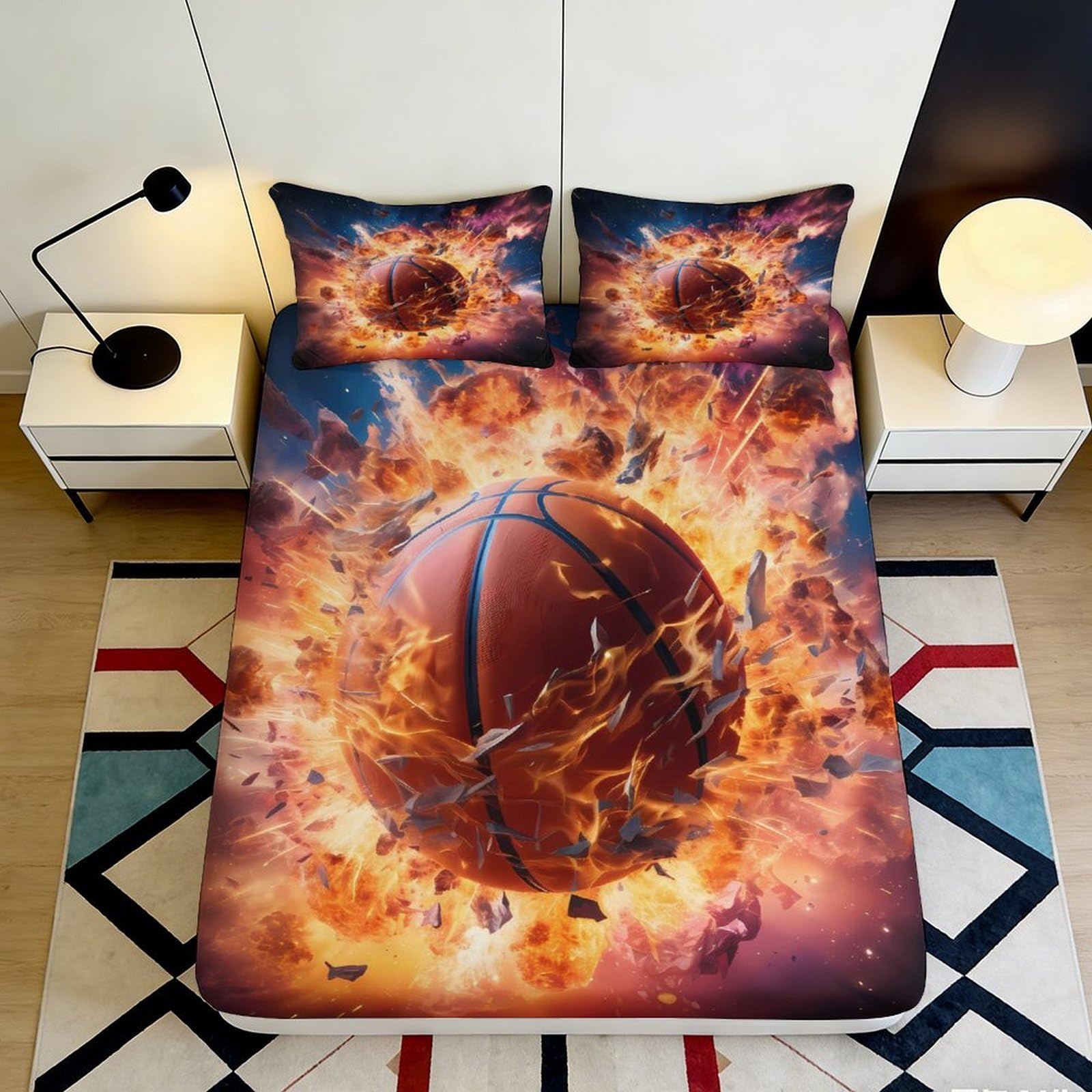 3D Printed Fiery Basketball Fitted Sheet Microfiber Soft Breathable Exploding Ball Bed Cover for Bedroom Dormitory Guest Room Mattress Protection Decor 140x200x25cm