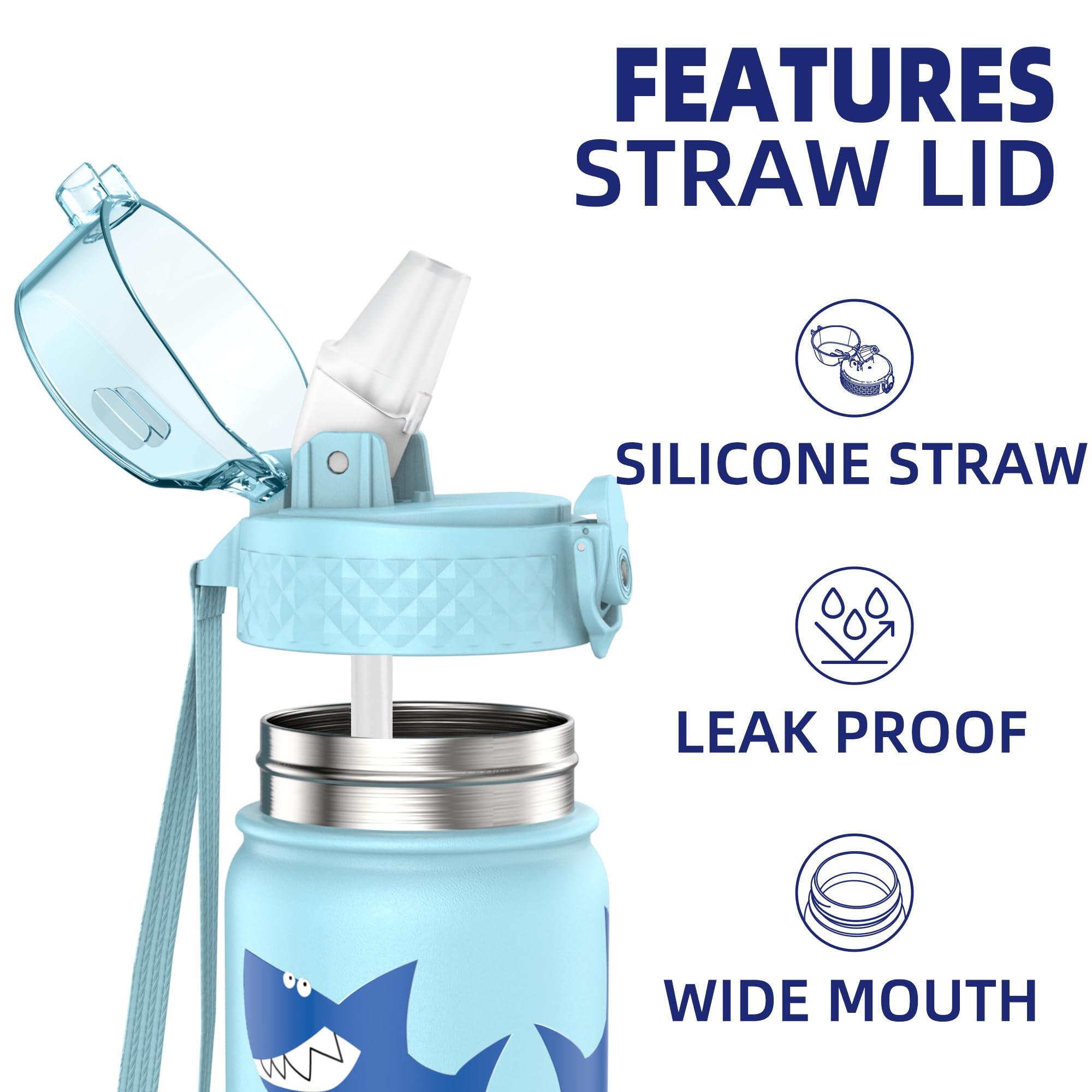 GOPPUS 420ml/14oz Kids Insulated Water Bottle with Straw Cute Double Wall Stainless Steel Child's Small Flask Vacuum Insulated Steel Metal Leak Proof Drink Flask Boys Toddler Girls Bottles BPA-Free - Image 2