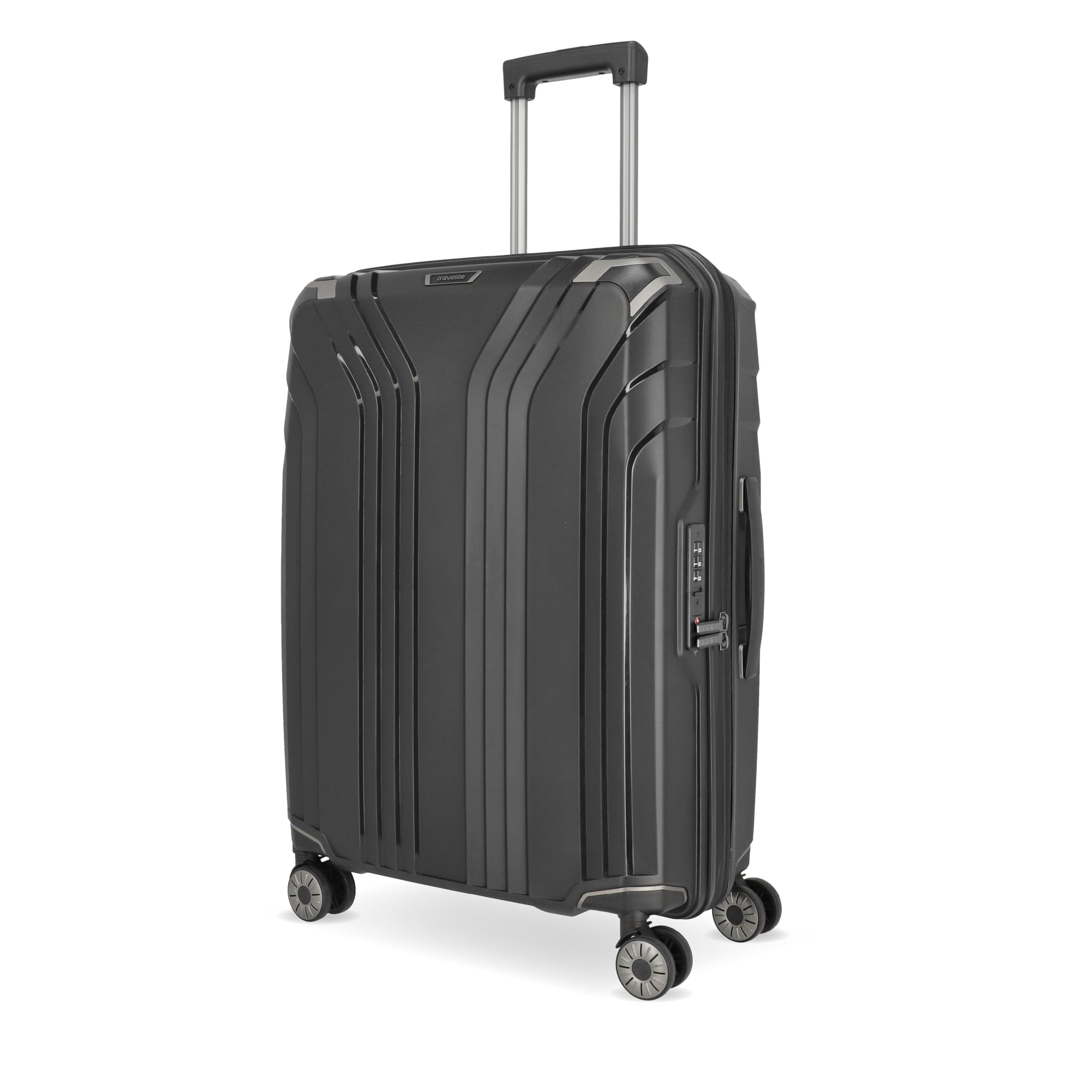 Travelite 4-Rad Hartschalen Koffer mittel mit recyceltem Innenfutter, Gepäck Serie ELVAA: Stylischer Trolley mit Dehnfalte, Schutzecken + TSA Schloss, 66 cm, 72-77 Liter