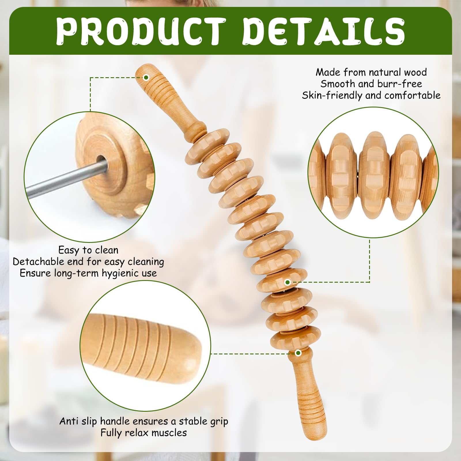 Lot de 3 Rouleaux de Massage en Bois pour Drainage Lymphatique et Anti Cellulite - Outil de Massage Fascia pour le Dos, le Cou, les Jambes - Détente Musculaire et Réduction de la Cellulite