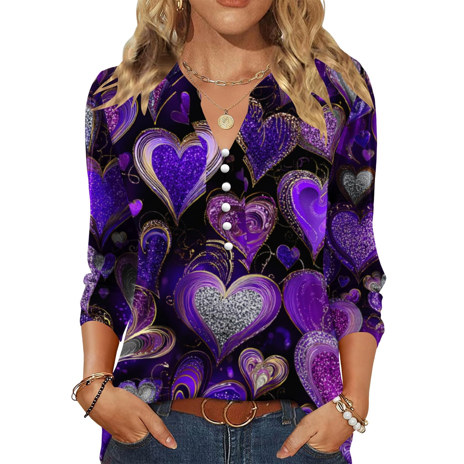 Générique Blouse Femme Col en V Manches Longues Imprimé Cœur Boutons Décoratifs Style Décontracté pour Usage