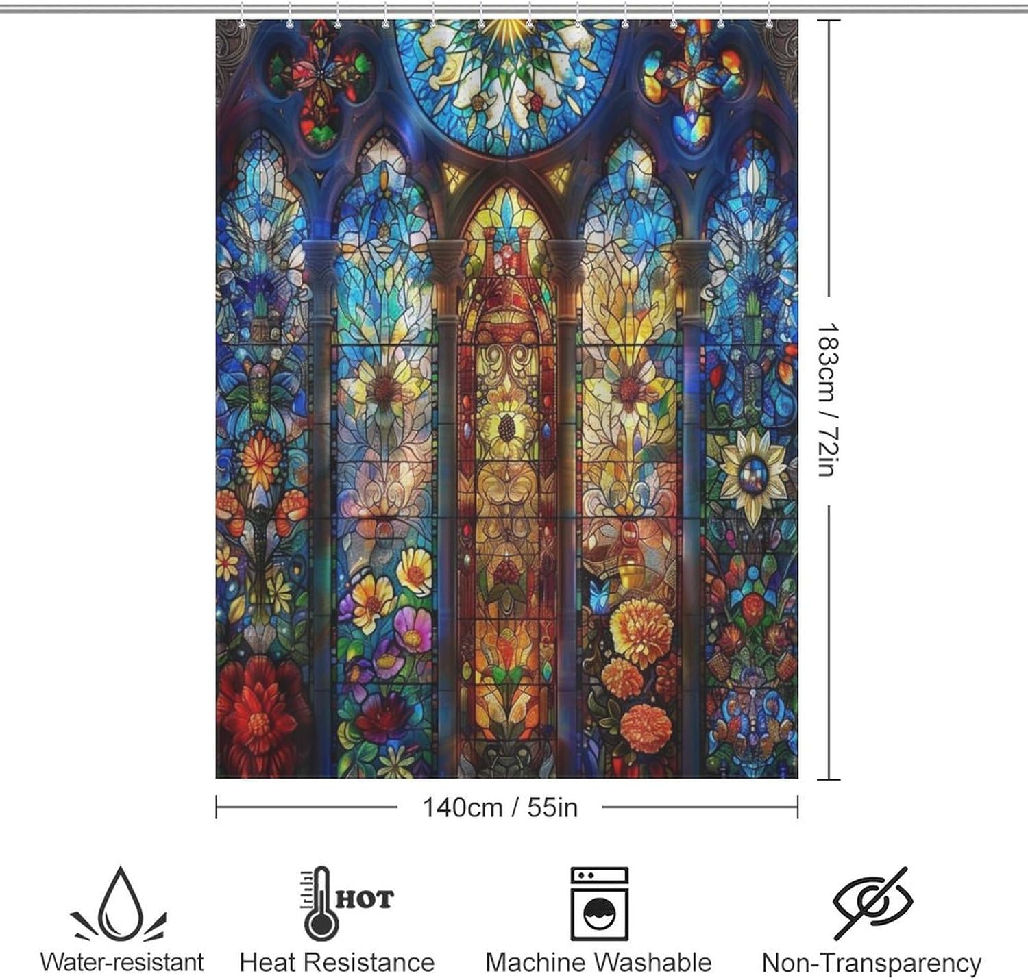 Stained Glass Shower Curtain, Natural Landscape Colourful Forest Floral Style Print Shower Curtain Sets for Bathroom Fabric Bath Curtain 12 Hook 55x72Inch（140x183cm）