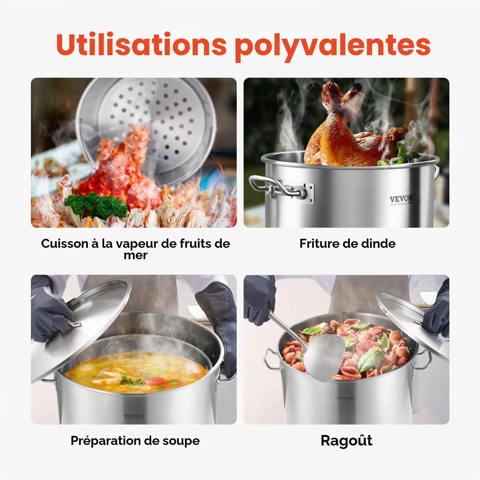 VEVOR Marmite en Acier Inoxydable 79,5 L avec Panier, Couvercle et Poignée, Faitout de Qualité Commerciale, Pot de Cuisson avec Traitement de Ponçage, Marmite Traiteur pour Grands Événements, Argent