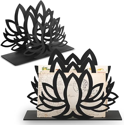 Lotus Organizador de correo de escritorio con forma de loto, soporte de correo para encimera, clasificador de correo de metal negro, soporte de