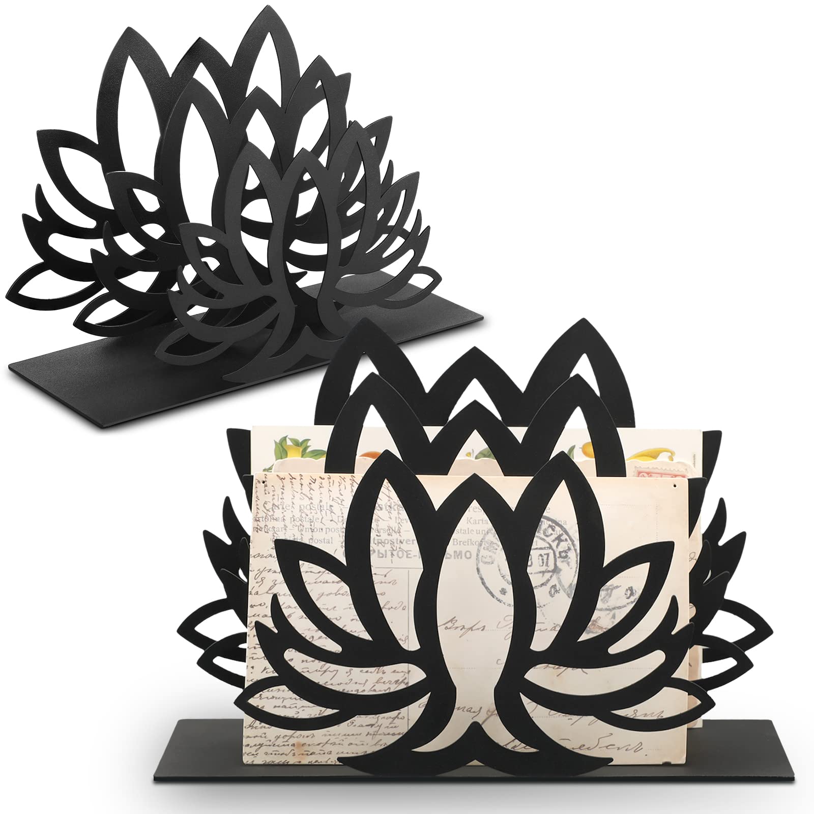 Lotus Desktop Mail Organizer Lotus Shaped Mail Holder Countertop Black Metal File Letter Holder Letter Sorter for Envelope Document Paper Book