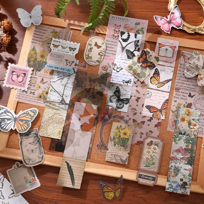 Image of GDNK 346pcs Vintage Journal Scrapbook Pack Kit for Art Journaling Bullet, Planners DIY Paper Stickers, Craft Kits Notebook, Collage Album Aesthetic Sticker (Moonlight) (Brown Butterfly)