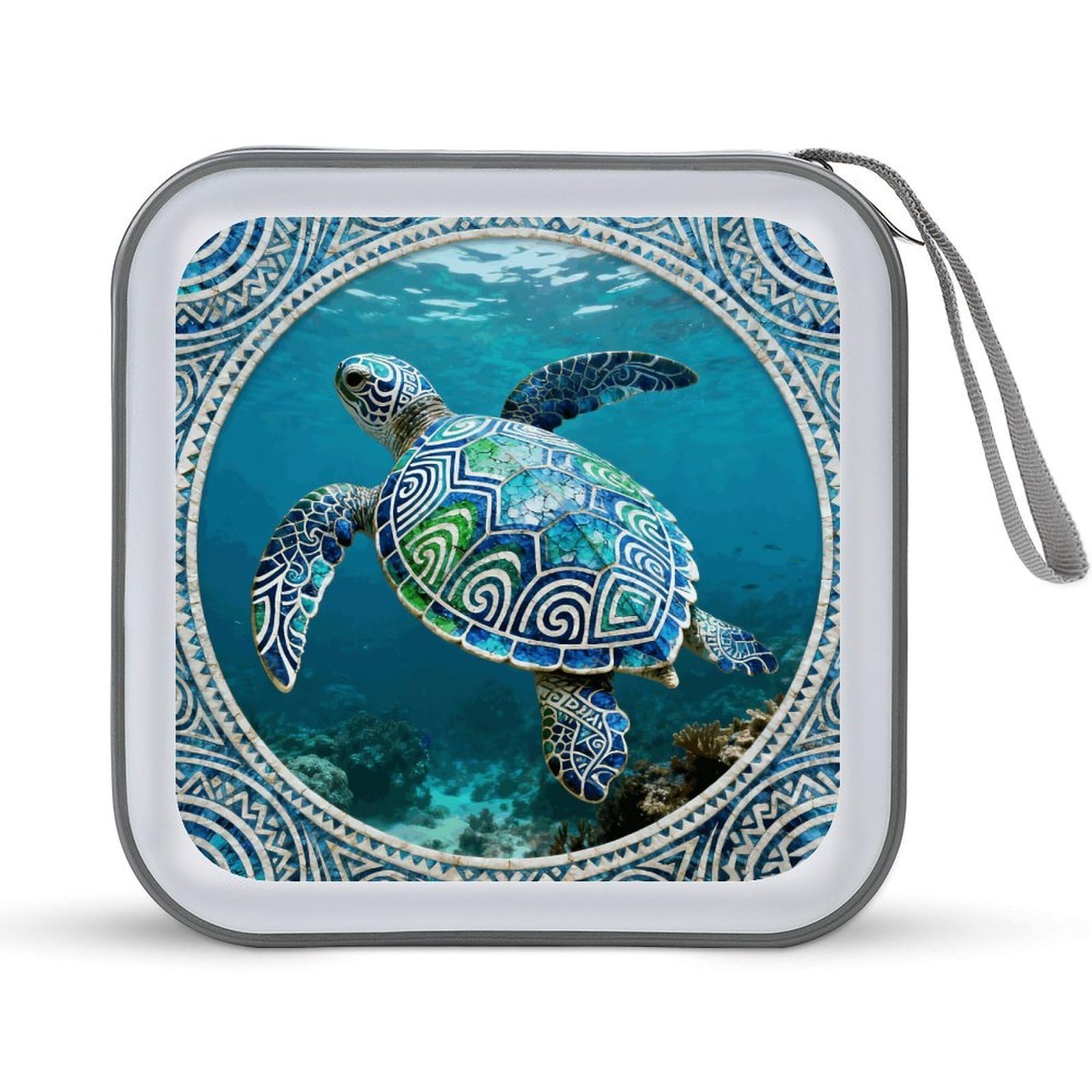 VstaDank Tribal Sea Turtle CD Case, Portable CD Sleeve Zipper-Style CD/DVD Wallet, Anti-Scratch CD Storage Pouch, Plastic CD Case for CDs, DVDs, Blu-rays, Vinyl Records
