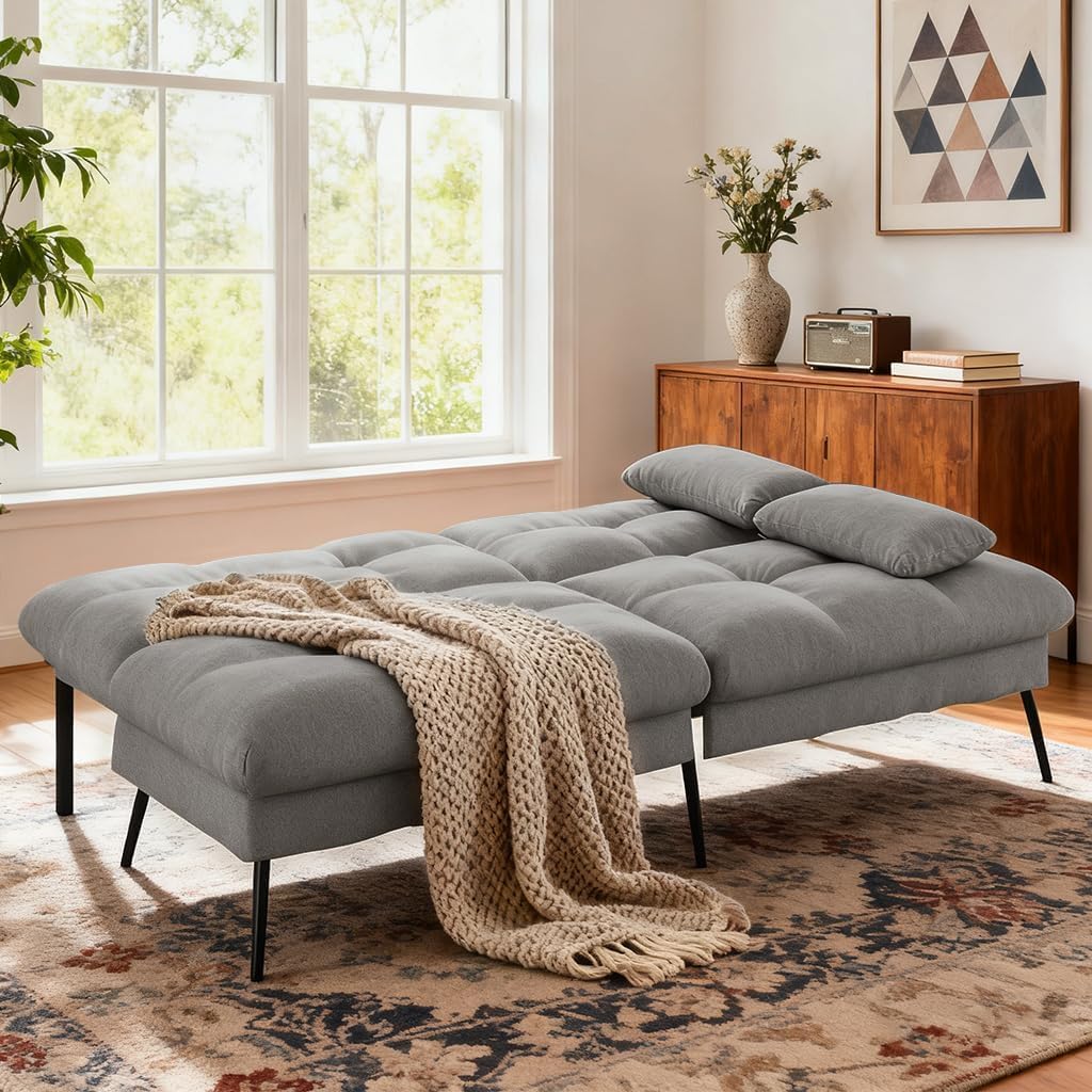 COMHOMA 72″ Convertible Futon Sofa Bed, Adjustable Backrest, Grey | Breathable Fabric Futon Couch with Pillows,Multi-angle Ergonomic Reclining,Space-saving Sleeper Sofa for Living Room
