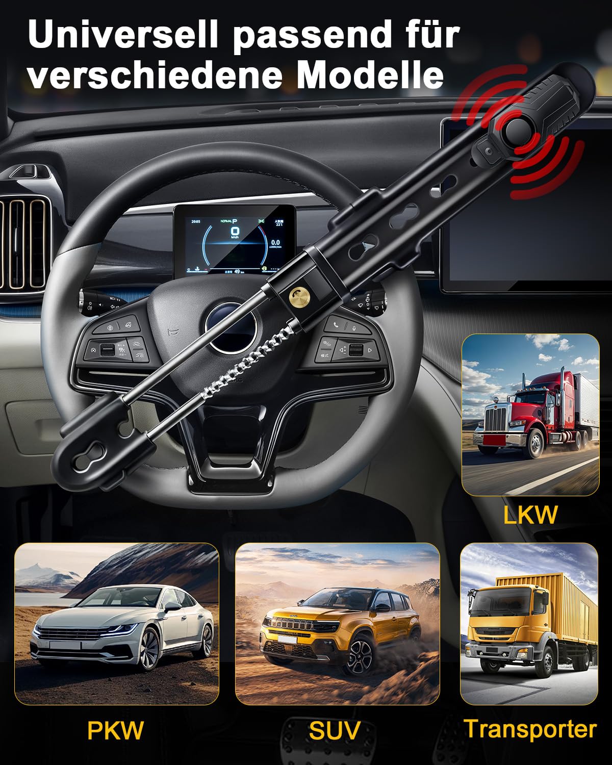 ELECTOP Lenkradschloss mit 113 dB-Alarm – Autoalarmsystem mit Bewegungssensor und Diebstahlschutz, mit einstellbarer Verriegelung und 2 Schlüsseln – Autoalarmsystem für PKW, LKW, Transporter und SUV