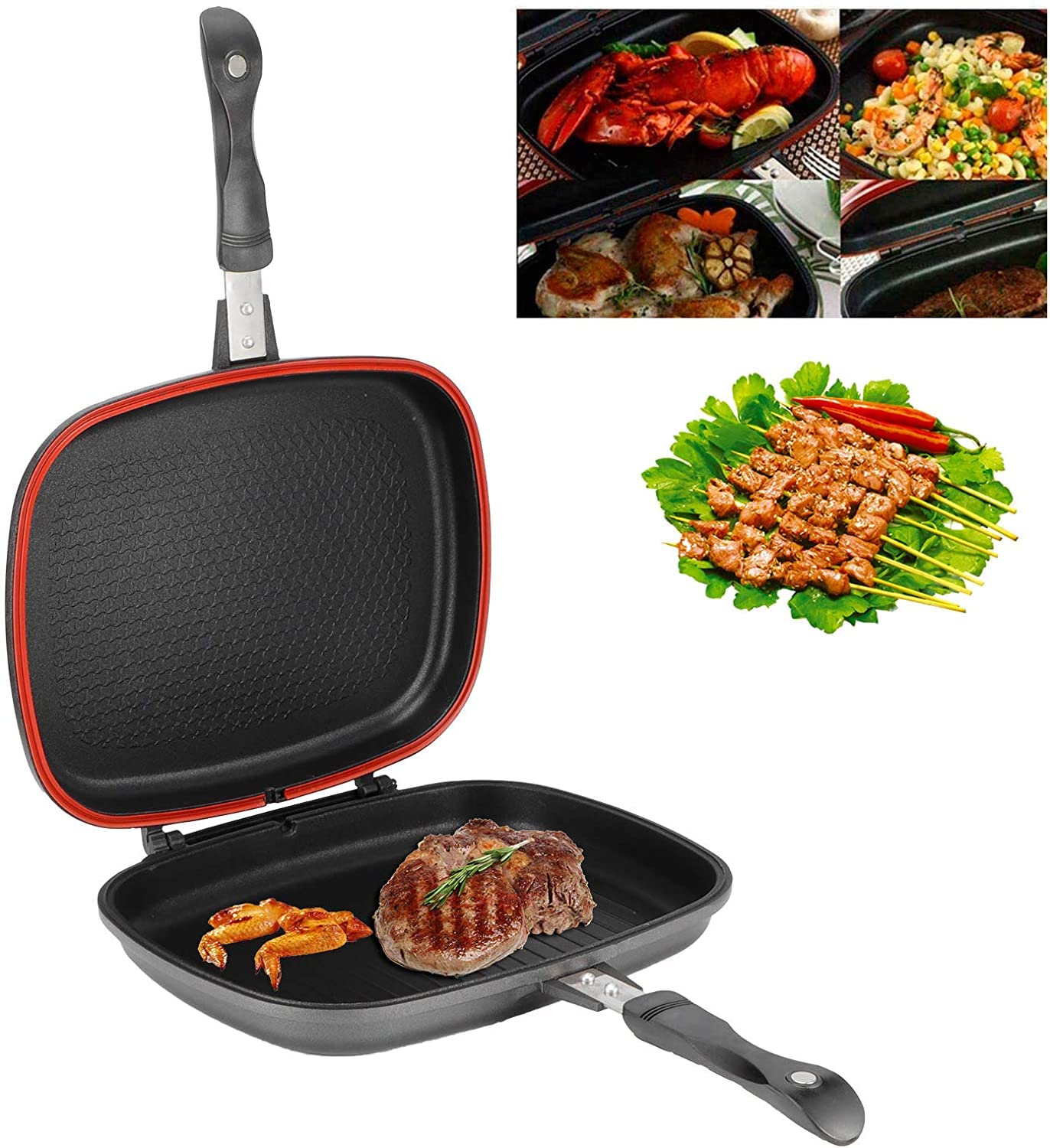 Cankypu Dessini -seitige Bratpfanne Antihaft-Grillpfanne für den BBQ Druckkoch-Grillpfanne mit Brandfester Griff Tragbares Grillgeschirr zum Kochen Geeignet Gas- und Induktionsherd
