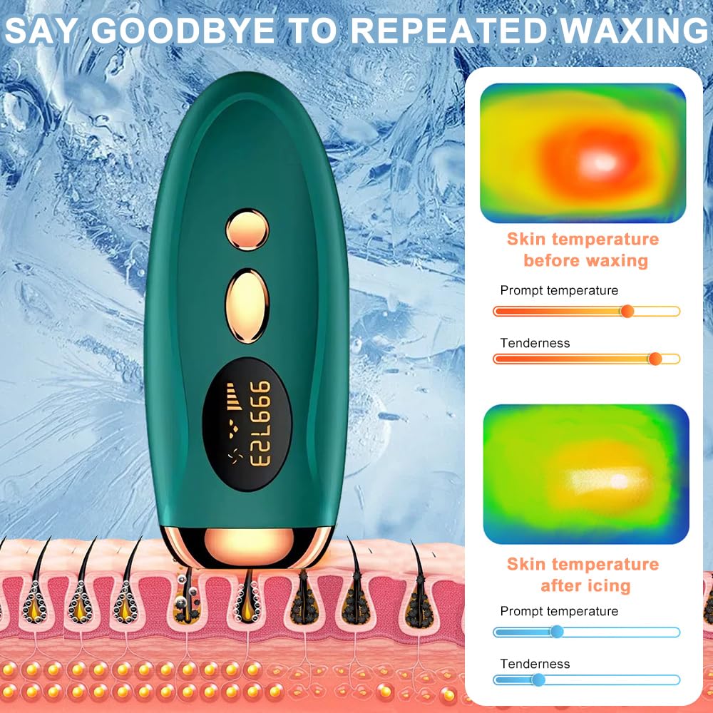 Depiladora Electrica, Depiladora Laser, Depiladora Laser IPL con Función de Enfriamiento, Depiladora indolora para cara, axilas, brazos, piernas y cuerpo (Verde)