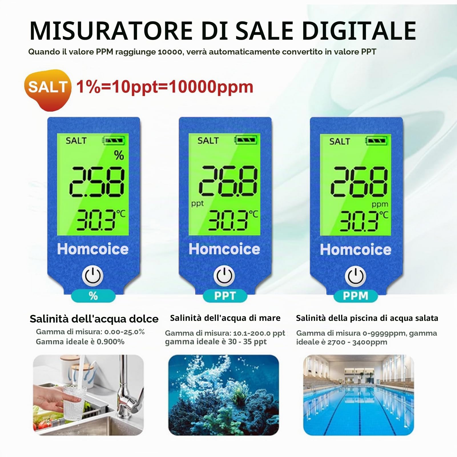 Misuratore pH Cloro Piscina 7 in 1, Tester PH Cloro Salinità ORP TDS EC Temperatura, Test Qualità Acqua ad alta precisione con funzione ATC per piscine, acqua potabile, acquario, idroponica