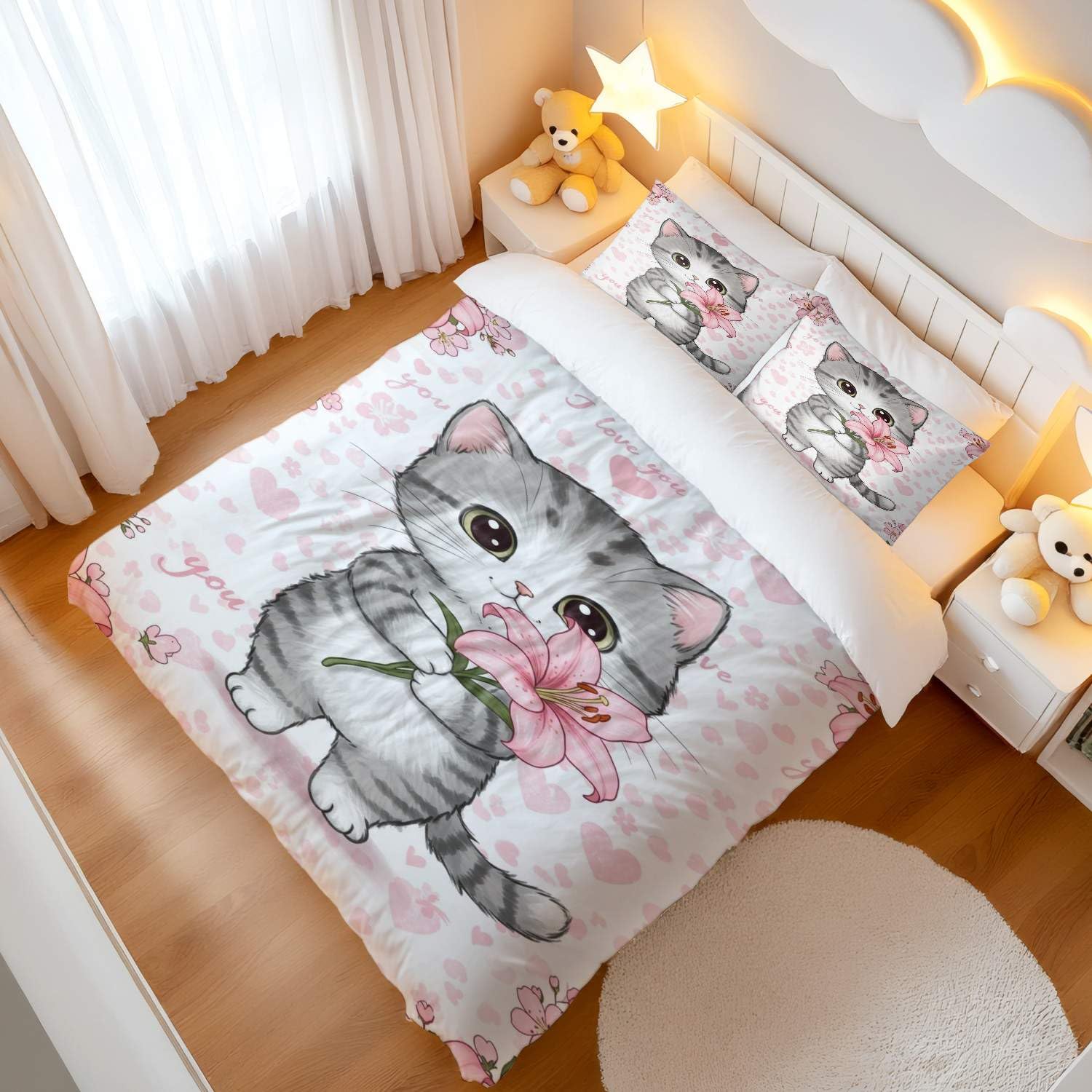 Juego de funda de edredón floral con diseño de gato gris y blanco, bonito estilo de dibujos animados para niños y mujeres jóvenes (01, King 240 x 220 cm + 65 x 65 cm x 2)