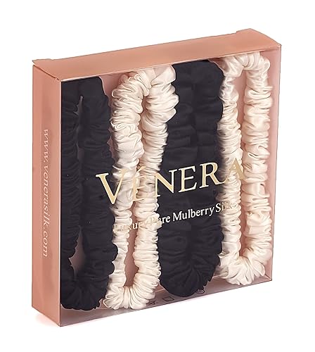 VÉNERA Mini coleteros de seda de seda 100% pura de morera 22 momme, 4 piezas suaves para el cabello, con certificación Oeko-Tex, coleteros de seda