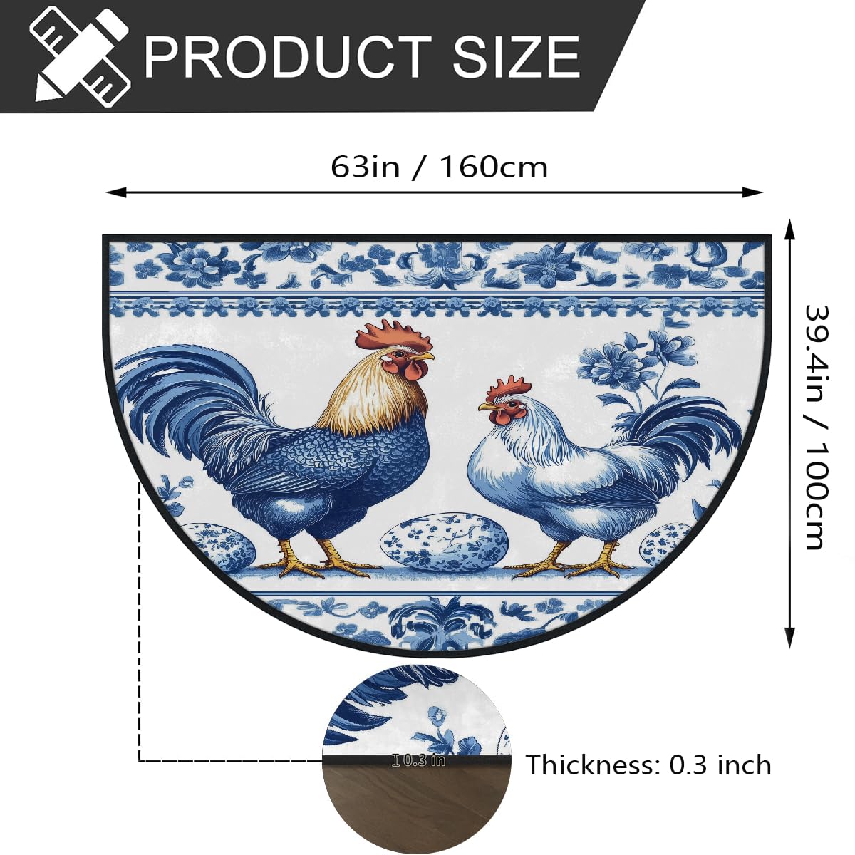 Mexpekil Paillasson demi-rond antidérapant lavable en demi-lune avec motif coq, poule et motif floral bleu, 100 x 160 cm
