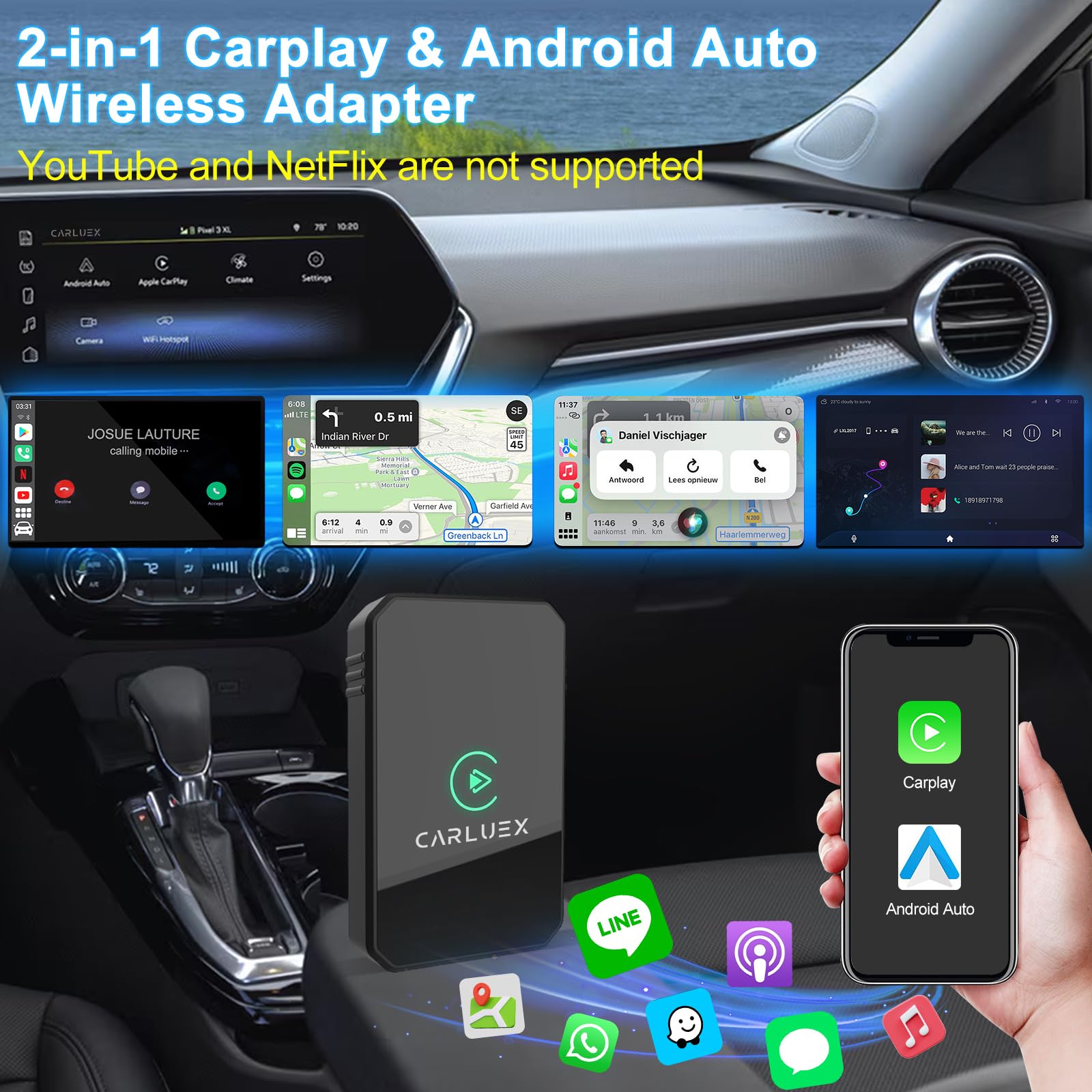 CARLUEX Wireless Apple Carplay and Android Auto Adapter, 2-in-1 Convert Factory Wired CarPlay to Wireless, Plug and Play Carplay Fit for Cars from 2017 & for iPhone/Android, No Latency