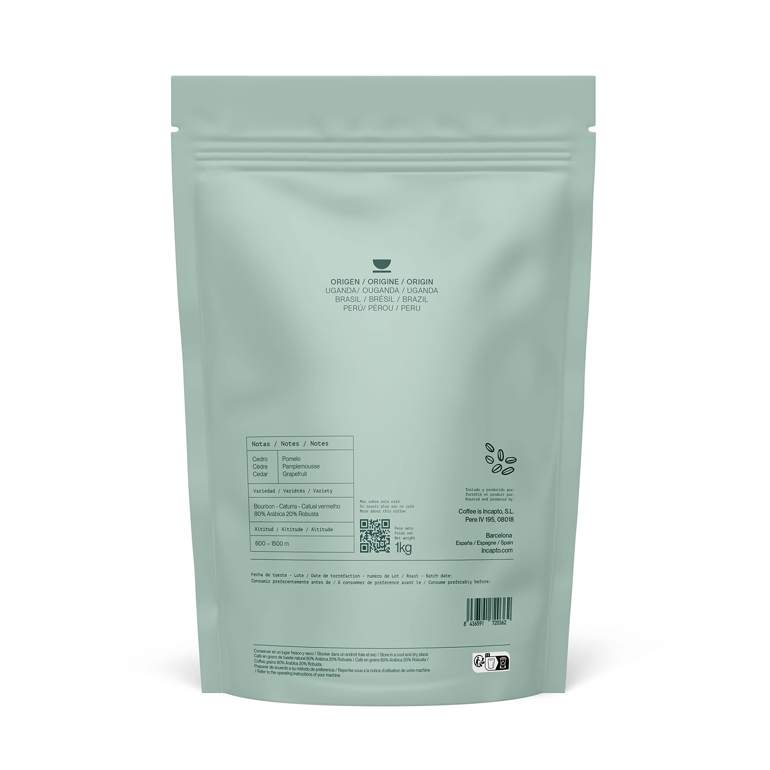 Incapto Caffè in Grani Strong Blend 1kg | Miscela 80% Arabica e 20% Robusta | Forte e Amaro | Orígines Uganda, Brasile e Perù | Tostatura Naturale