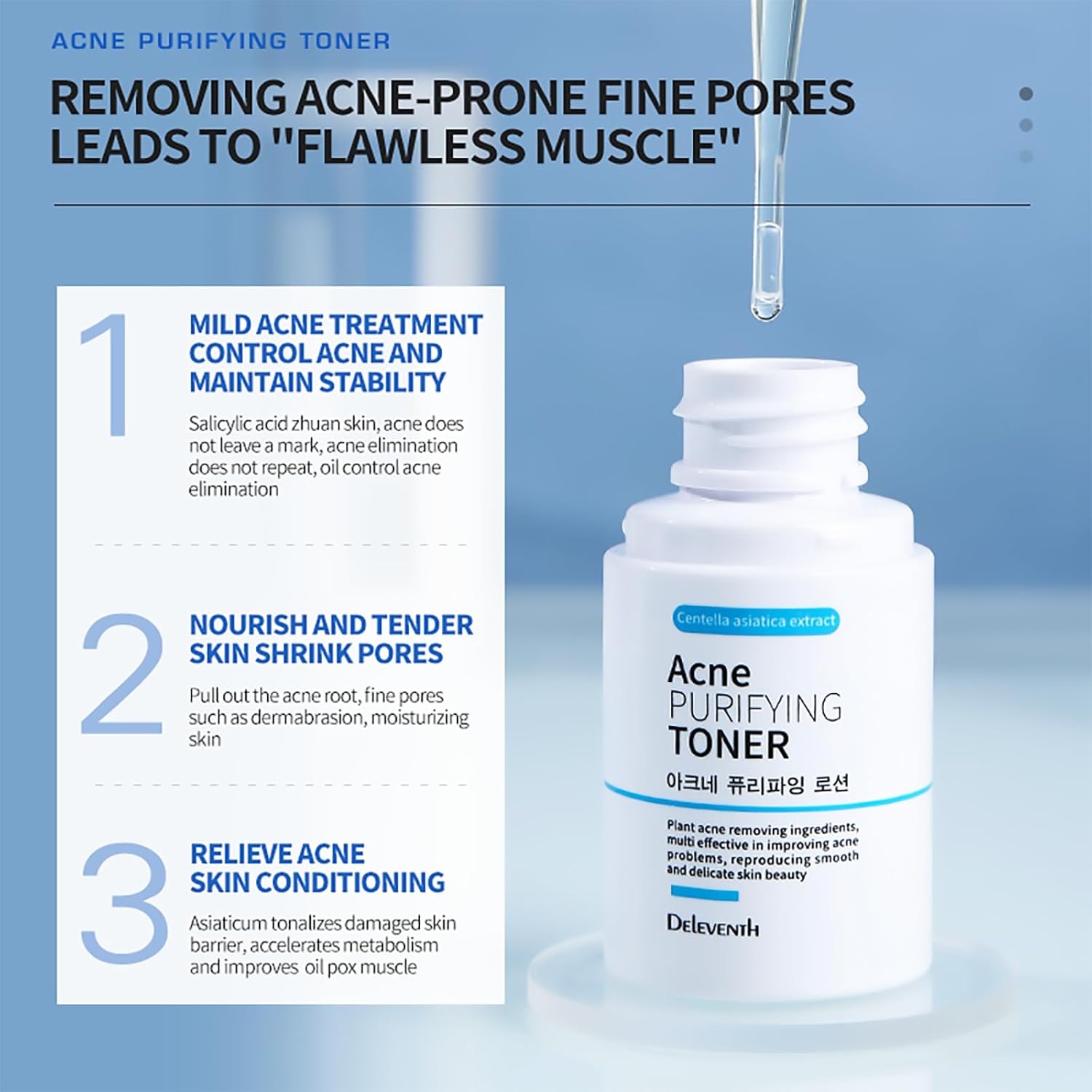 DEleventh Korean Brand Acne Purifying Toner 30ml / with Salicylic Acid and Botanical Extracts for Anti-Acne, Soothes, Unclogs Pores, Controls Oil and Maintain a Fresh, Blemish-Free Complexion