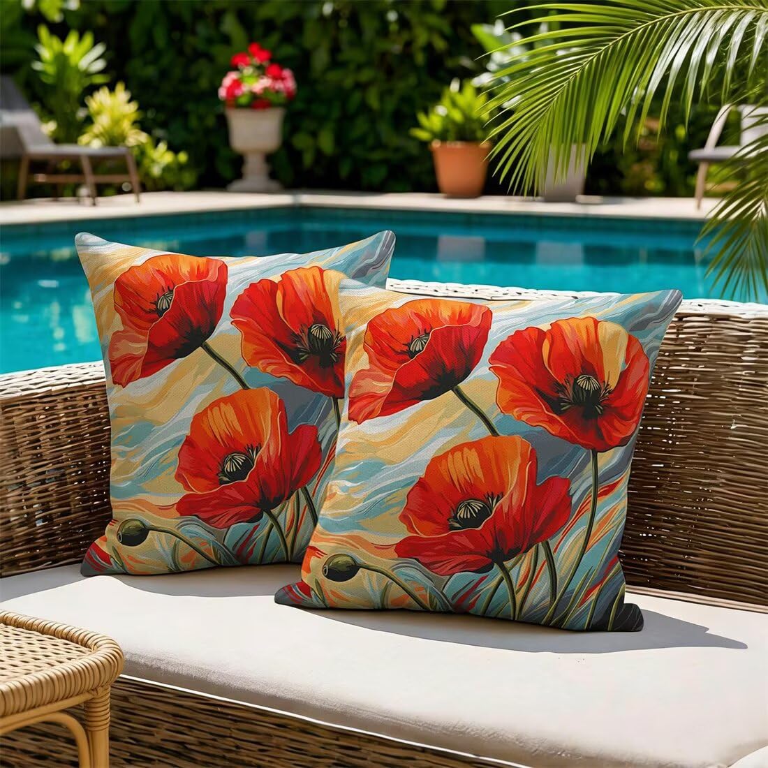 Outdoor Kissen Wetterfest Kissenbezüge 55x55 cm 2er Set Kissenbezug Mohnblume Sofakissen Deko Kissen Abstrakt Wasserfeste Frühling Sommer Kissenhülle Gartenkissen Zierkissen für Balkon Patio -GY195