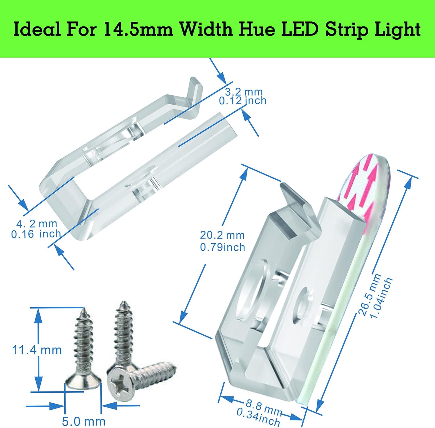 Hue LED Strip Light Clips,Light Hooks for Party Release Cable & Fairy Lights Easily.Perfect 14-15mm Width Brackets Indoor Outdoor. (60-Clips, 66-Strips,60-Screws)