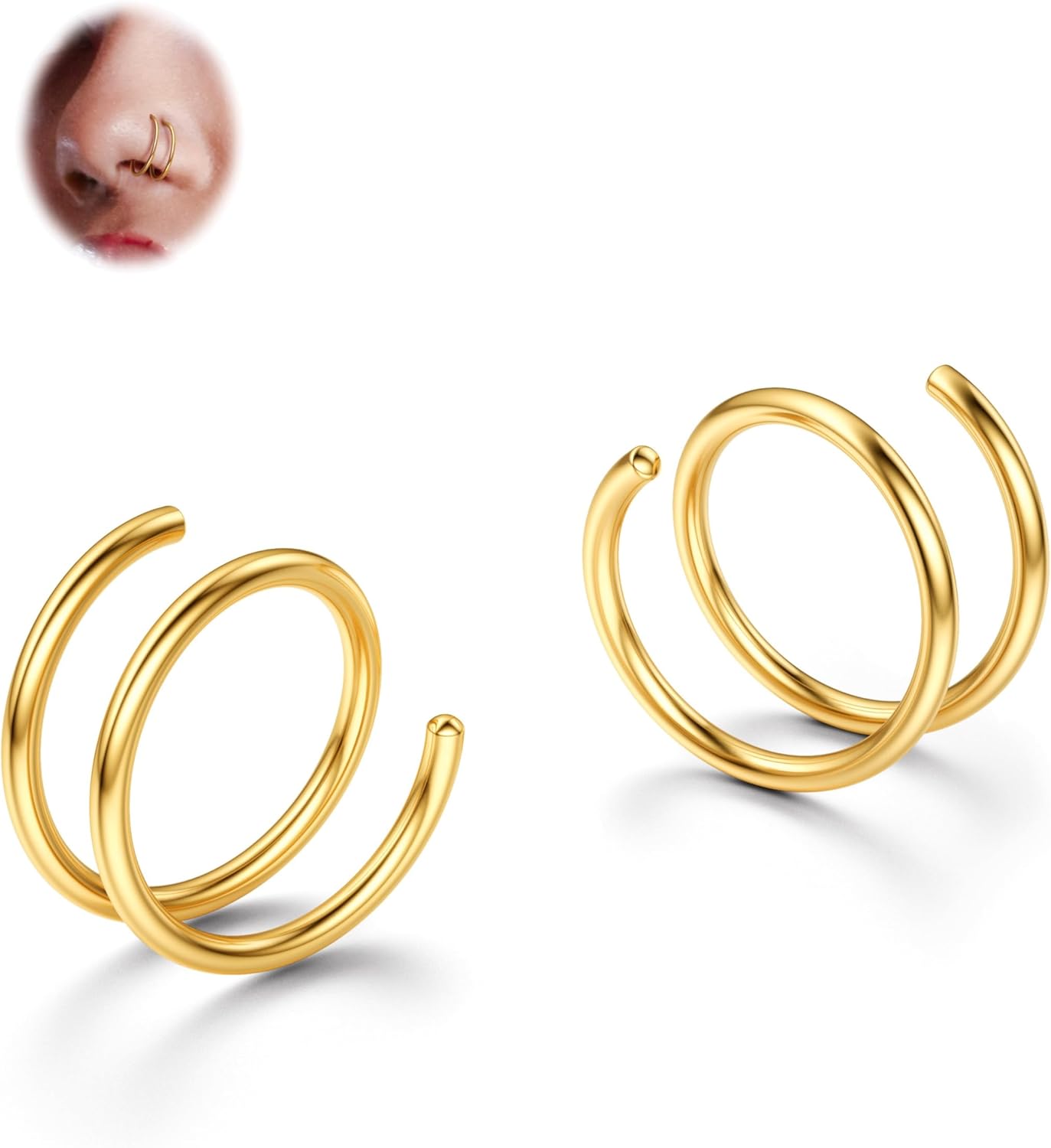 BodyBonita 2-8Pcs Softened 316L Stainless Steel Double Hoop Nose Ring for Single Piercing 22G 20G 18G Bendable Twist Spiral Nose Rings Hoops for Women 8mm 10 mm