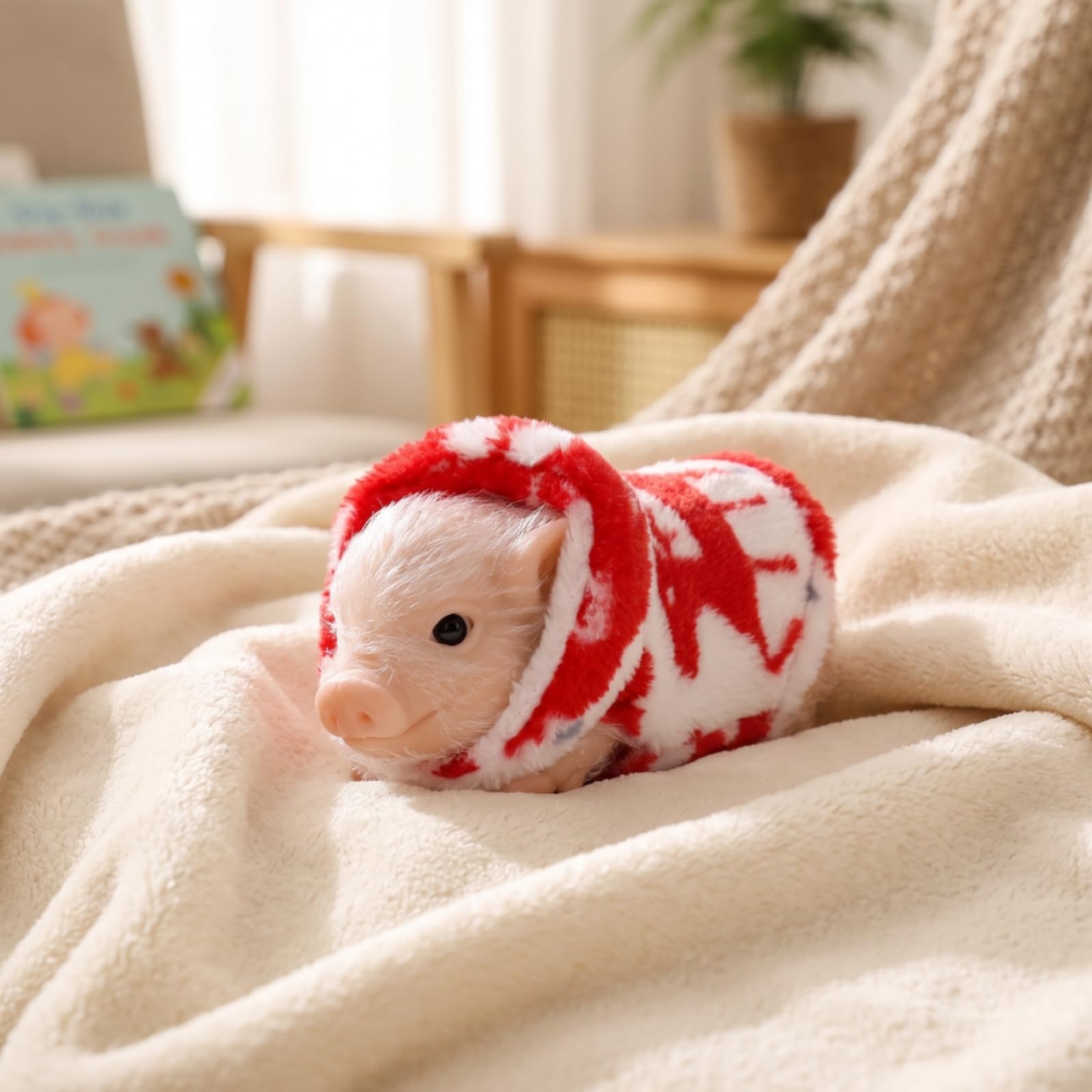 Schweinchen-Figur mit Kapuzenpullover niedlich schweinefigur plüschig mini-Schweinchen für Zimmer, Rot, 182g