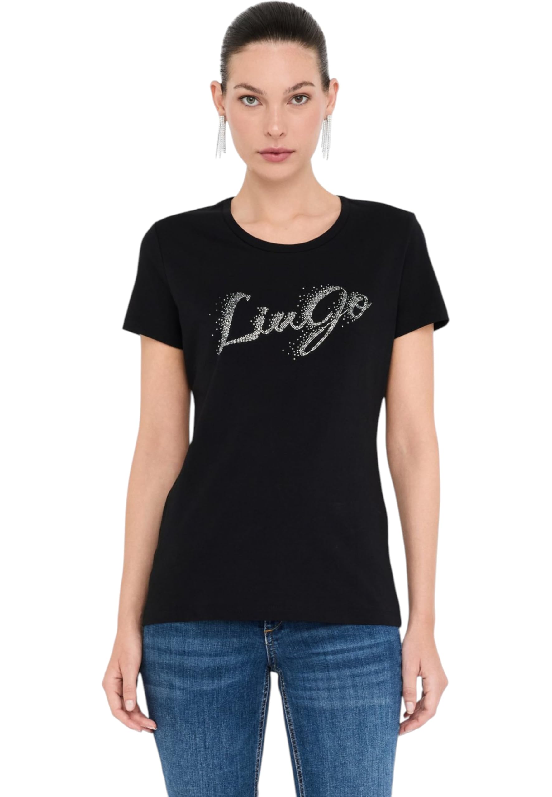 Liu Jo T-Shirt in Cotone con Logo in Strass | 5BLDAUF5266JS904 P9004 Nero