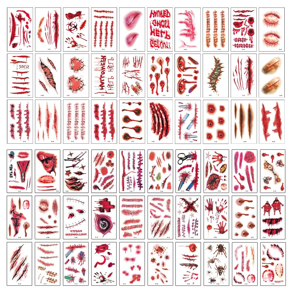 UMCHU 60 Hojas Halloween Tatuajes Temporales,Pegatinas Heridas Realista,Halloween Zombie Cicatrices Tatuajes Pegatinas,Tatuaje Cicatriz Impermeable