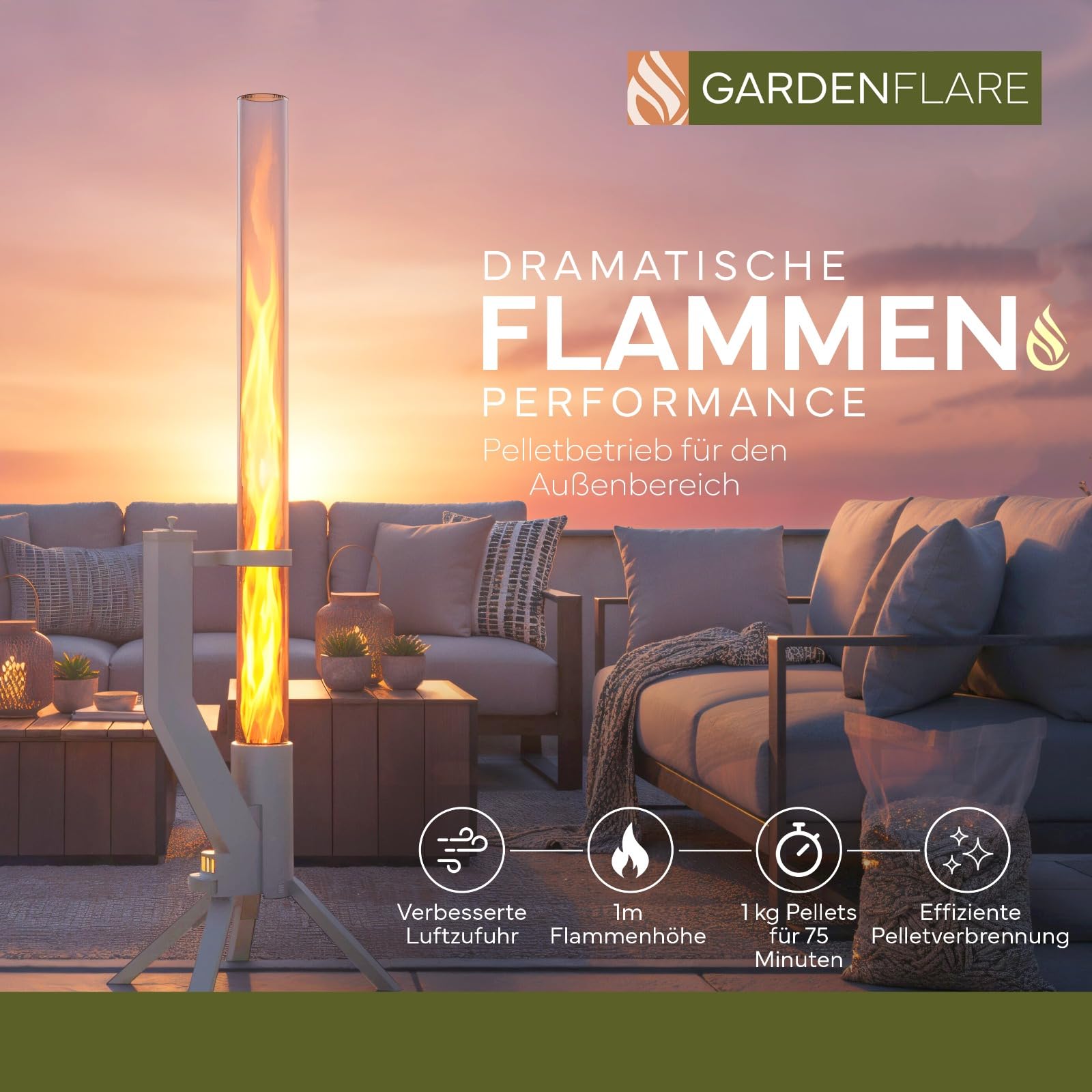 GARDENFLARE Feuerrohr Klassik – Edelstahl Feuersäule und Pelletfackel für tolles Ambiente Feuer – Alternative zu Feuerschale & Gartenkamin für Deine Terrasse (Silber)