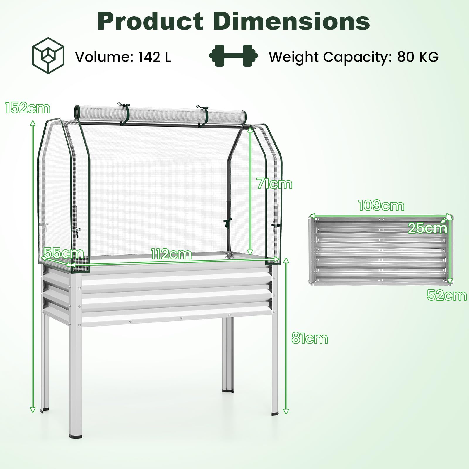 FANTASK Skrzynka na rośliny 3 w 1 z pokrywą PE, 112 x 55 x 152 cm, podwyższona grządka z zwijanymi drzwiami, grządka ogrodowa z ocynkowanego metalu, grządka na rośliny, grządka ziołowa do ogrodu, na