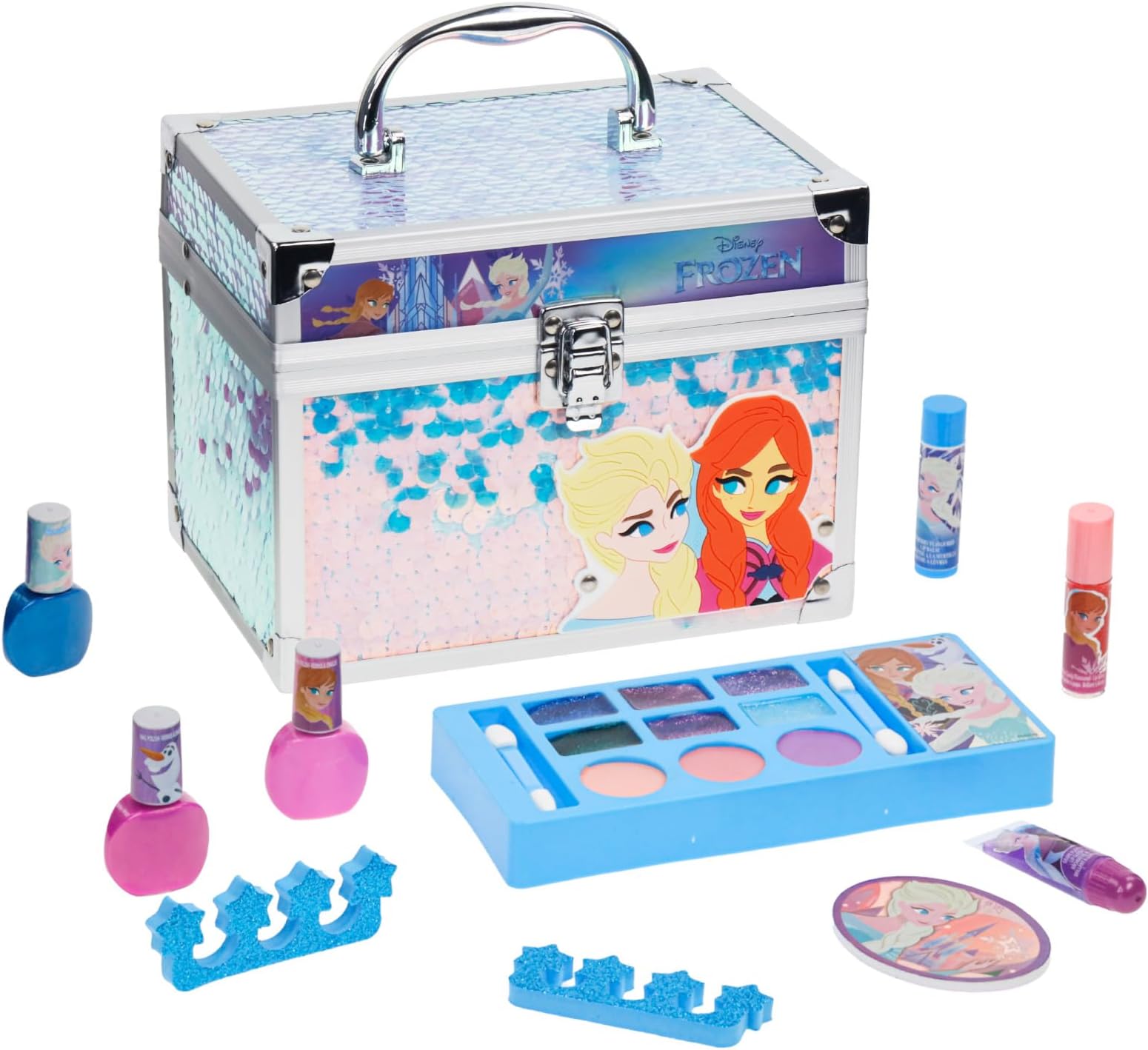 Disney Frozen Train Case Makeup Set for Kids | Makeup Kit Includes Lip Gloss, Nail Polish, Accessories & more | Gifts for Ages 3+ by Townley Girl