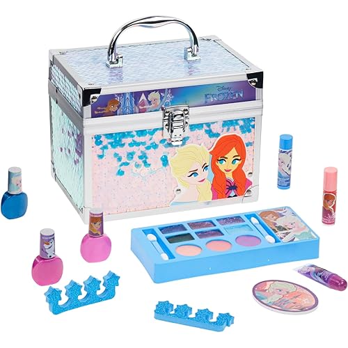 Disney Frozen Train Case Beauty Set, Kids Makeup Kit for Girls, Real Washable Makeup Set, Play Makeup, Party Favor, Birthday, Ages 3 4 5 6 7 8 9 10 11 12 by Townley Girl