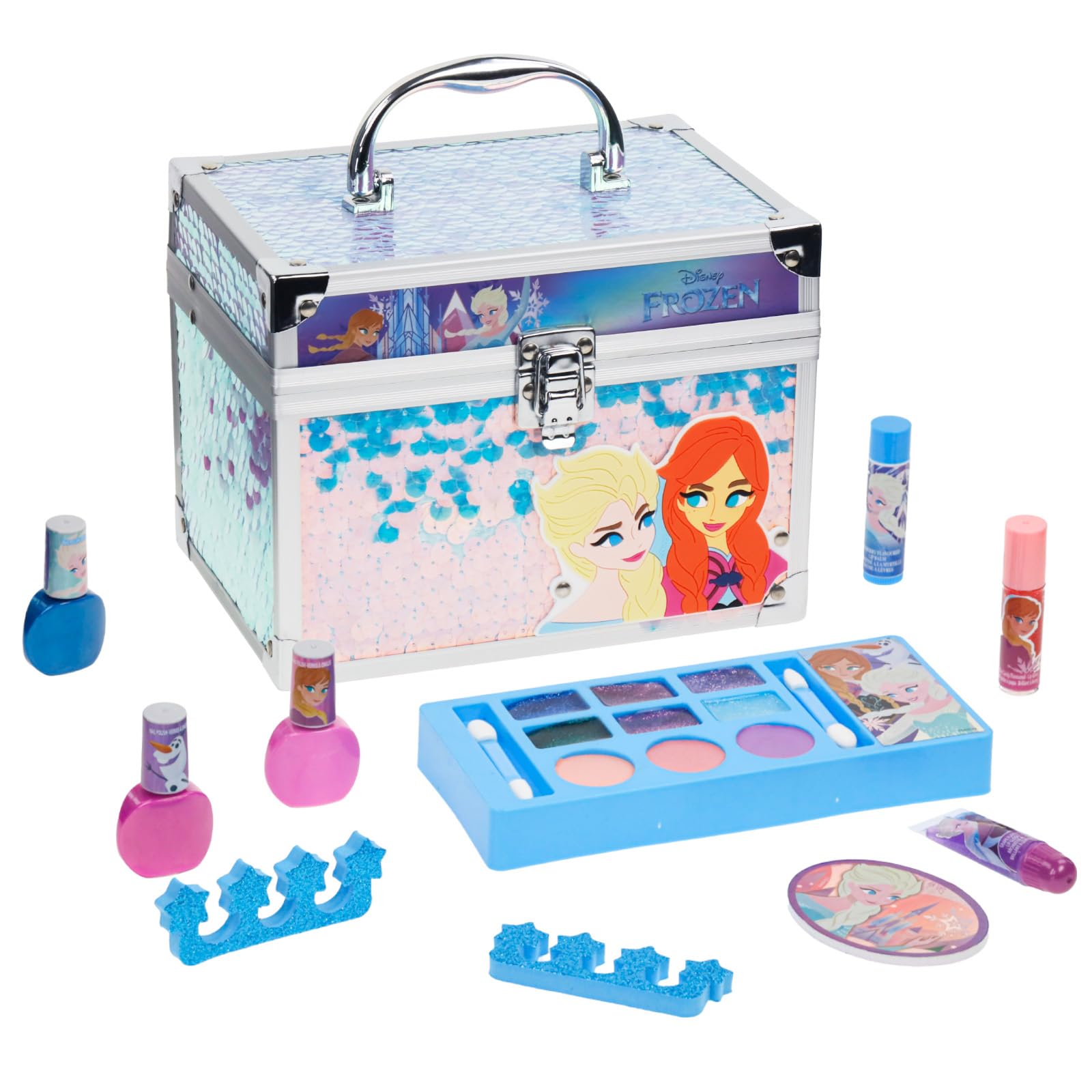 Disney Frozen Train Case Beauty Set, Kids Makeup Kit for Girls, Real Washable Makeup Set, Play Makeup, Party Favor, Birthday, Ages 3 4 5 6 7 8 9 10 11 12 by Townley Girl