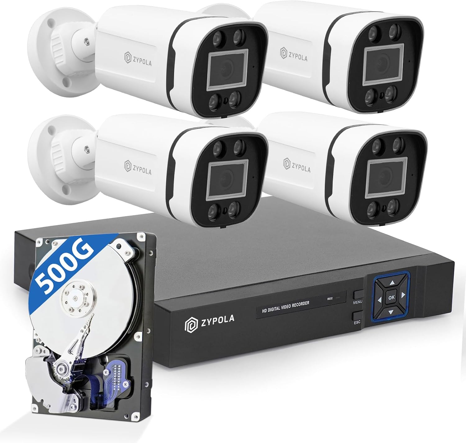 Zypola® 4 Channel 4 Camera Outdoor Wired CCTV System with 500gb Hard Drive, 1080p Full HD, Audio&Video Reccording,130 ft Infrared Night Vision, WDR&DNR, H.265